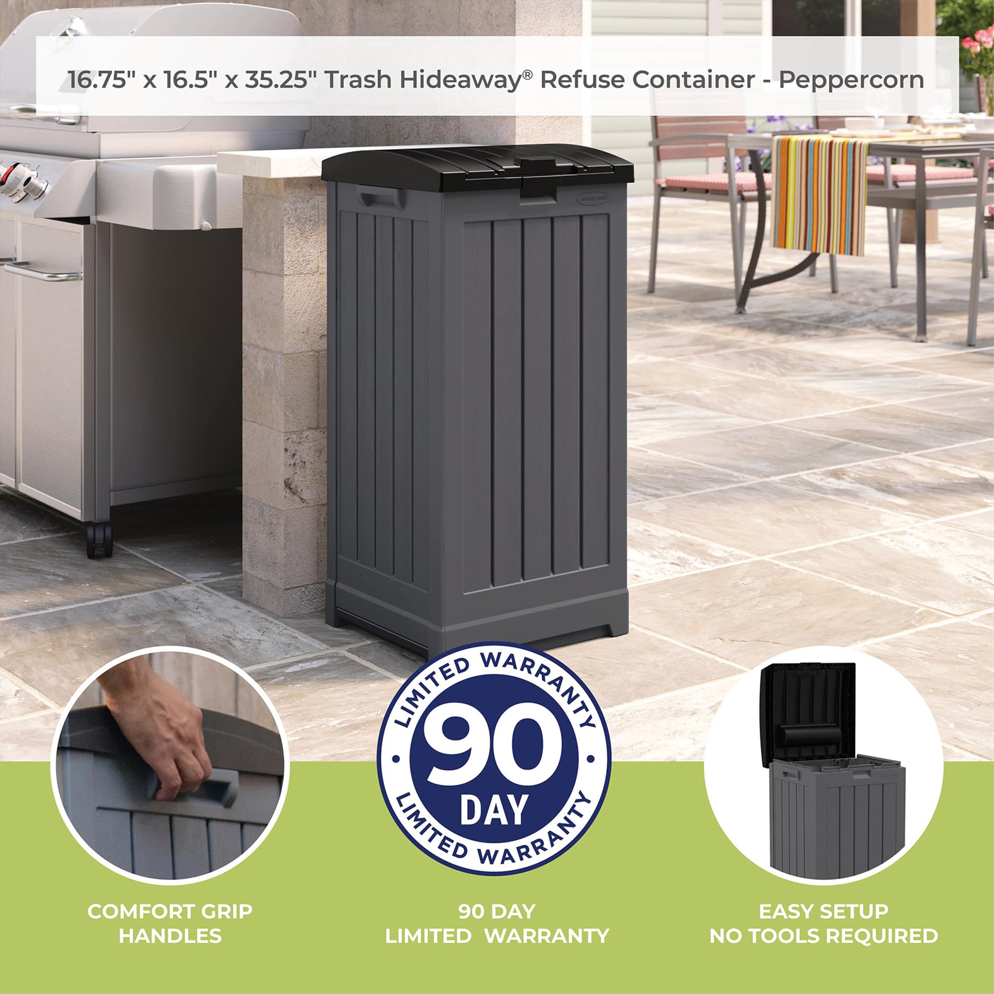 Suncast 39 Gallon Outdoor Trash Hideaway - Peppercorn Deck Waste Bin with Latching Lid, Liquid Tray & Handles | Durable Patio Garbage Can with Trash Bag Holder | Perfect for Backyard, Poolside & Outdoor Entertaining Areas