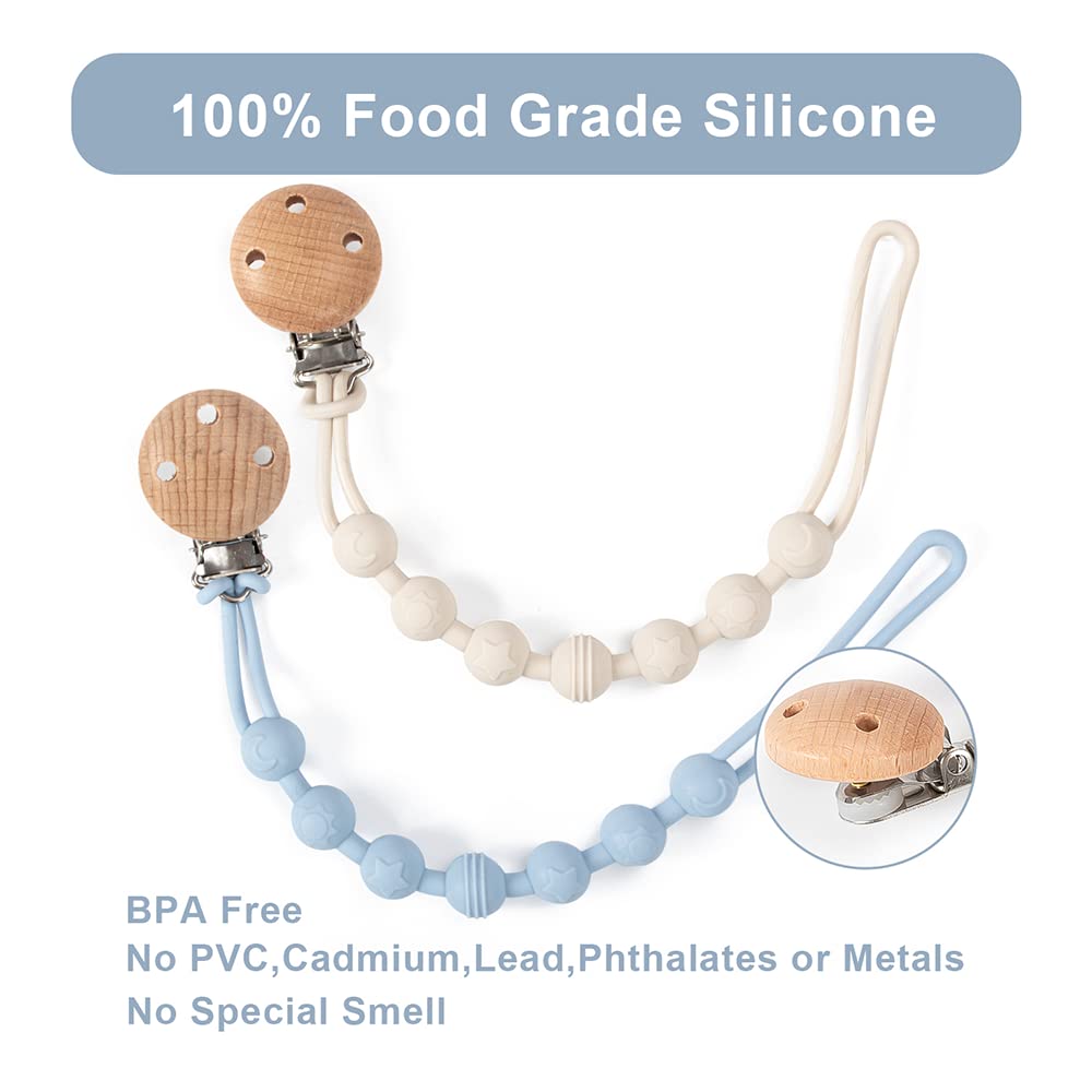 2 Pack Wooden Design Silicone Pacifier Clips - Baby Soother Holder for Boys & Girls (White) | Secure Pacifiers to Strollers, Car Seats & Baby Carriers