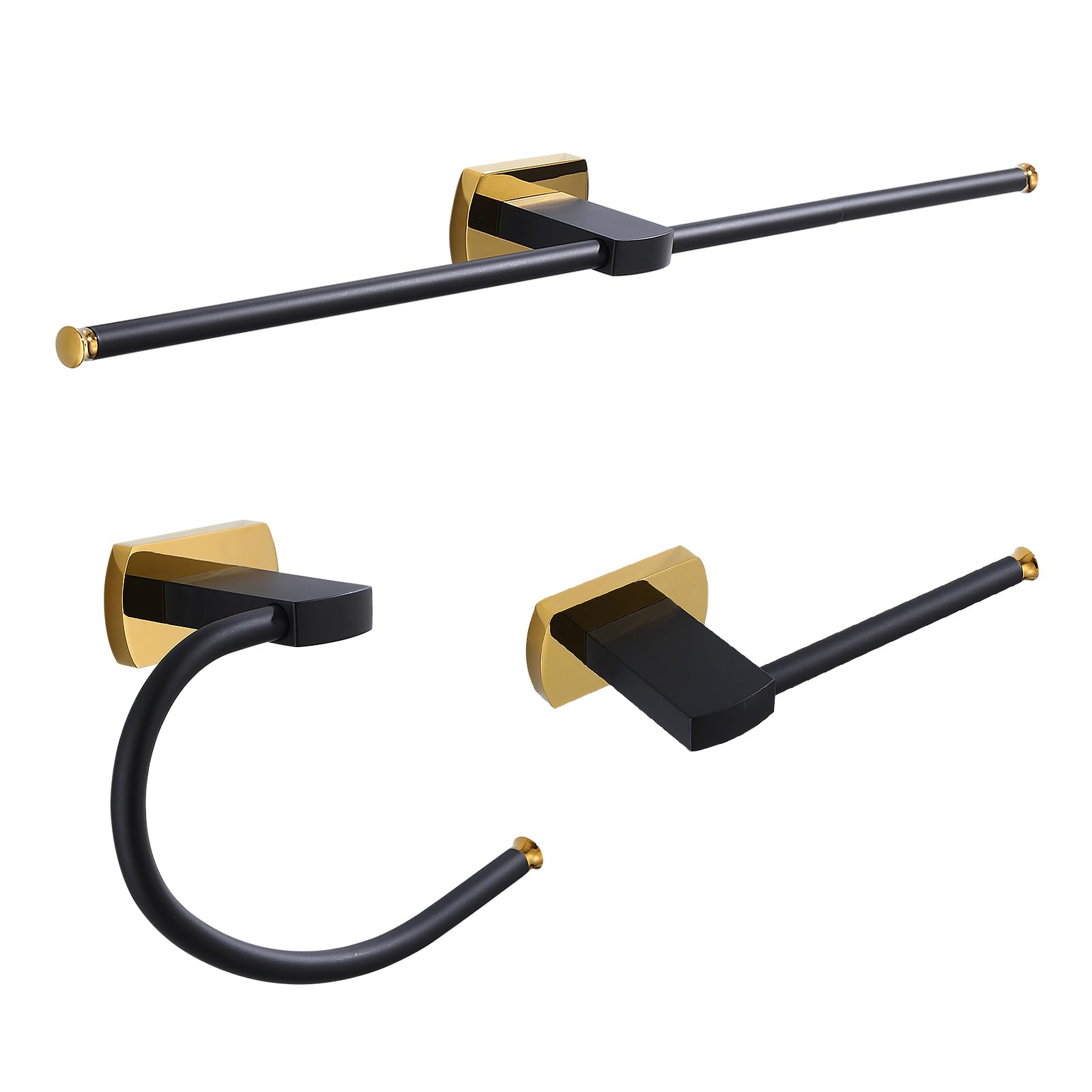 Premium 3-Piece Bathroom Hardware Set - Matte Black Zinc Alloy Towel Holder, Toilet Paper Stand & Wall-Mounted Ring with Gold Accents | Modern Bathroom Accessories for Home & Hotel Decor | Rust-Resistant & Easy Installation