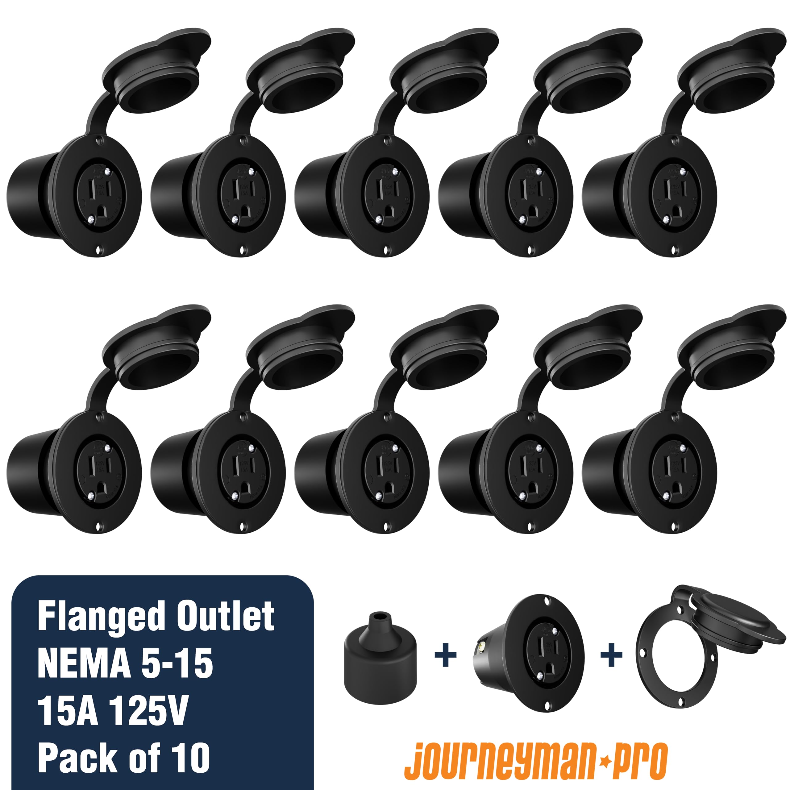 Journeyman-Pro 5279 15 Amp 120-125 Volt NEMA 5-15 Flanged Outlet, Black Commercial Grade 2 Pole-3 Wire Straight Blade Plug Charger Receptacle (10-Pack with Front & Back Covers) - Ideal for Commercial Buildings, Workshops, and Industrial Power Distribution