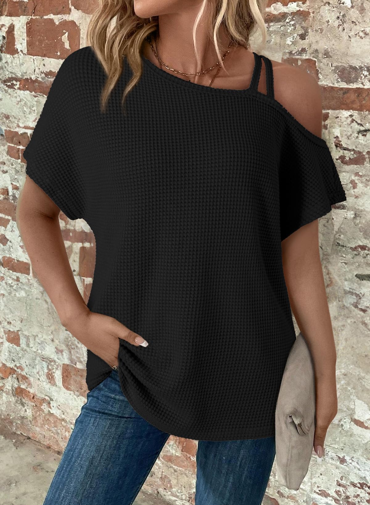 Dokotoo Women's Summer One Shoulder Waffle Knit Short Sleeve T-Shirt - Casual Lightweight Solid Color Blouse for Beach, Vacation & Everyday Wear