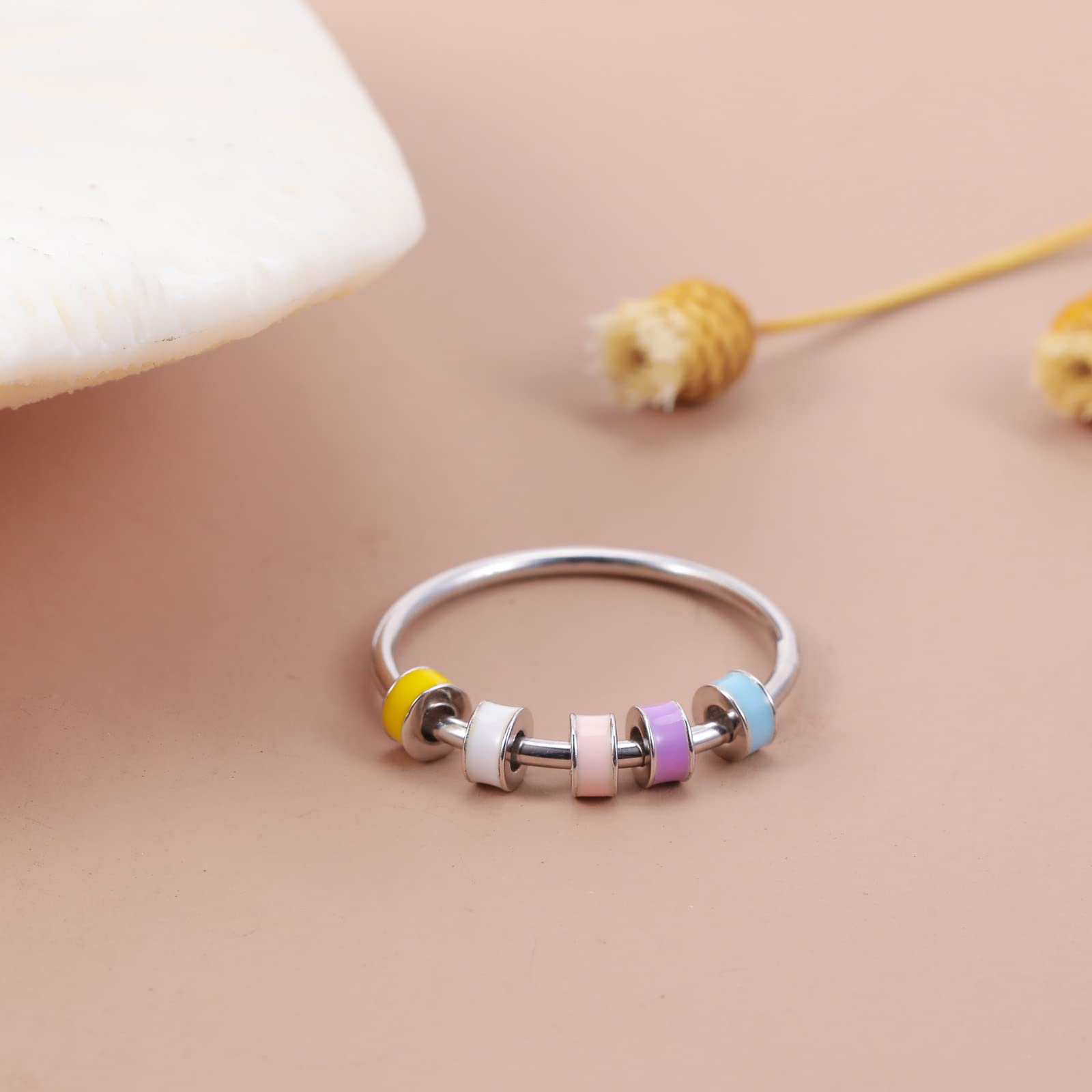 LOVECOM 925 Sterling Silver Fidget Spinner Ring with Colorful Enamel Beads - Anti Anxiety Stress Relief Jewelry for Women & Men - Rotating Stackable Ring for Anxiety Relief - Perfect for Christmas Gifts, Office Stress, ADHD Focus & Daily Relaxation