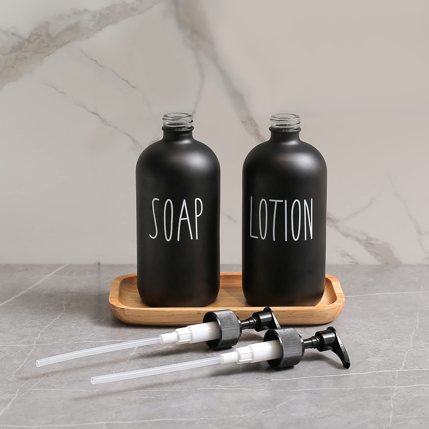 Matte Black Soap Dispenser Set with Lotion Pump - Farmhouse Style Bathroom Decor for Sink Countertop, Vanity & Guest Bath