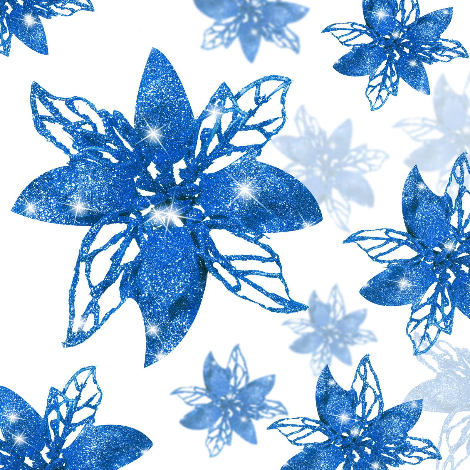 24-Piece Blue Glitter Artificial Poinsettia Flowers - Christmas Tree Decorations, Wedding Centerpieces, Holiday Home Decor & New Year Party Ornaments - Perfect for Xmas Wreaths, Gift Wrapping & Festive Tablescapes