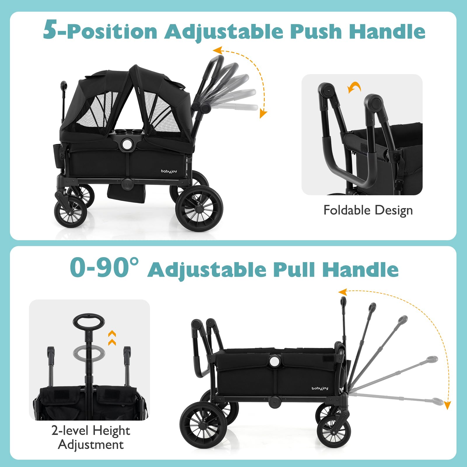 **BABY JOY Double Stroller Wagon for 2 Kids - Foldable Push Pull Wagon with Adjustable Handle, Removable Canopy, Safety Harness, Cup Holder & Snack Tray - Perfect for Outings, Beach, Park & Shopping (Black)**