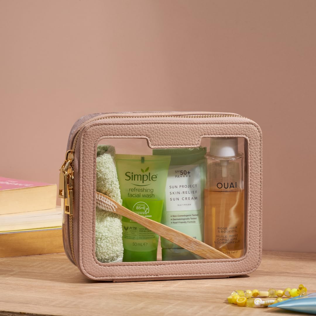 Waterproof Clear PVC Travel Toiletry Bag with Zipper - Vegan Leather Cosmetic & Makeup Organizer for Men & Women (Mocha) | Perfect for Bathroom, Gym, Camping & Air Travel Essentials
