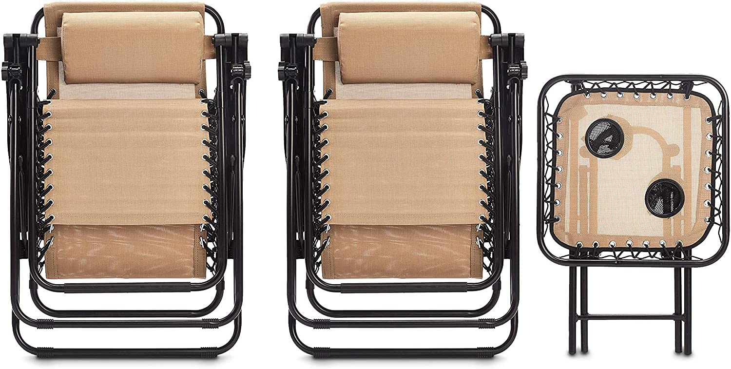Premium Adjustable Zero Gravity Folding Lounge Chair with Side Table & Pillow - 2 Pack Beige Outdoor Recliner for Patio, Poolside, Beach & Backyard Relaxation