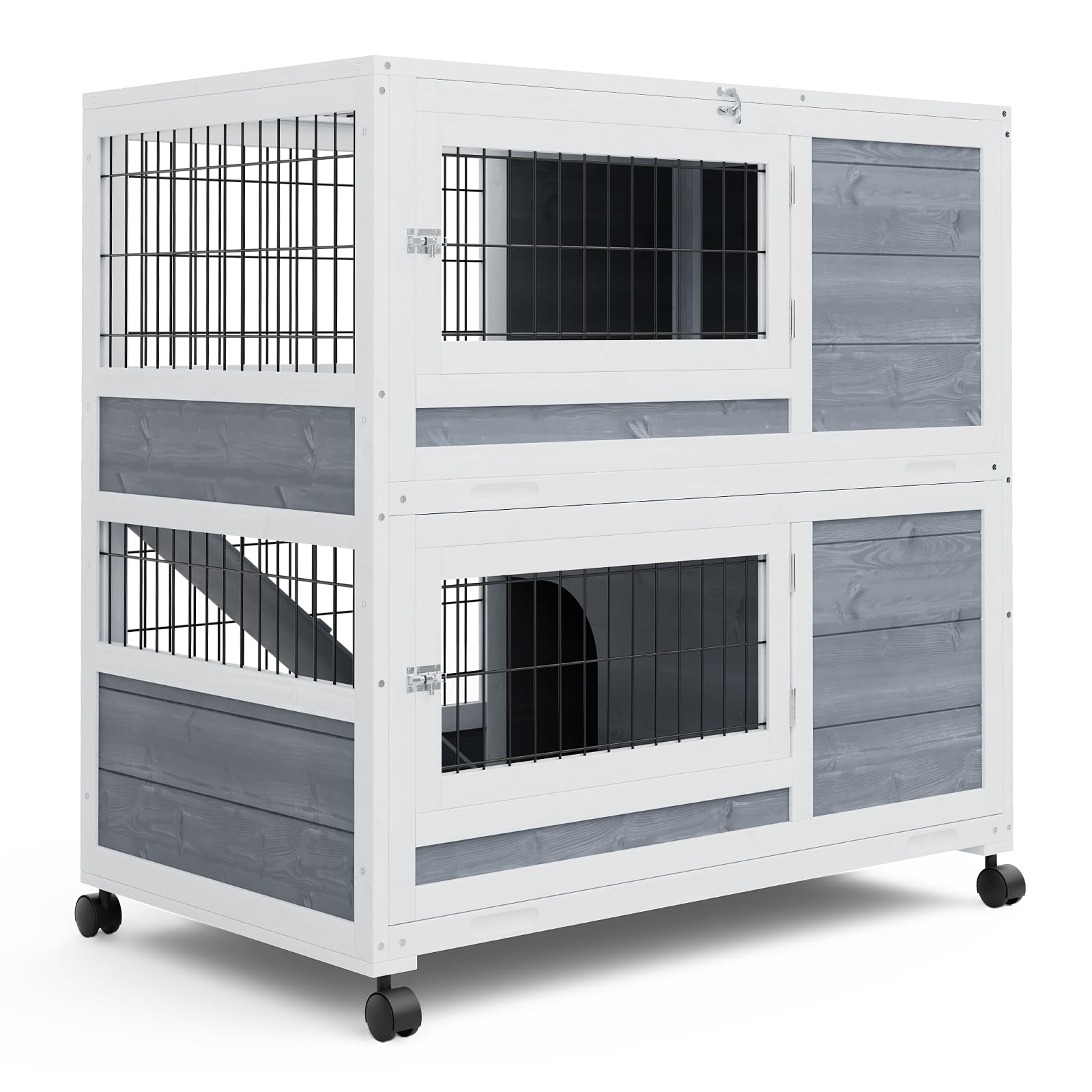 MoNiBloom 35.5 Inch Indoor/Outdoor Rabbit Hutch with 2 Deep No-Leak Trays & 4 Wheels - Bunny Cage with Run for Small Animals, Grey - Perfect for Backyard, Patio or Indoor Pet House