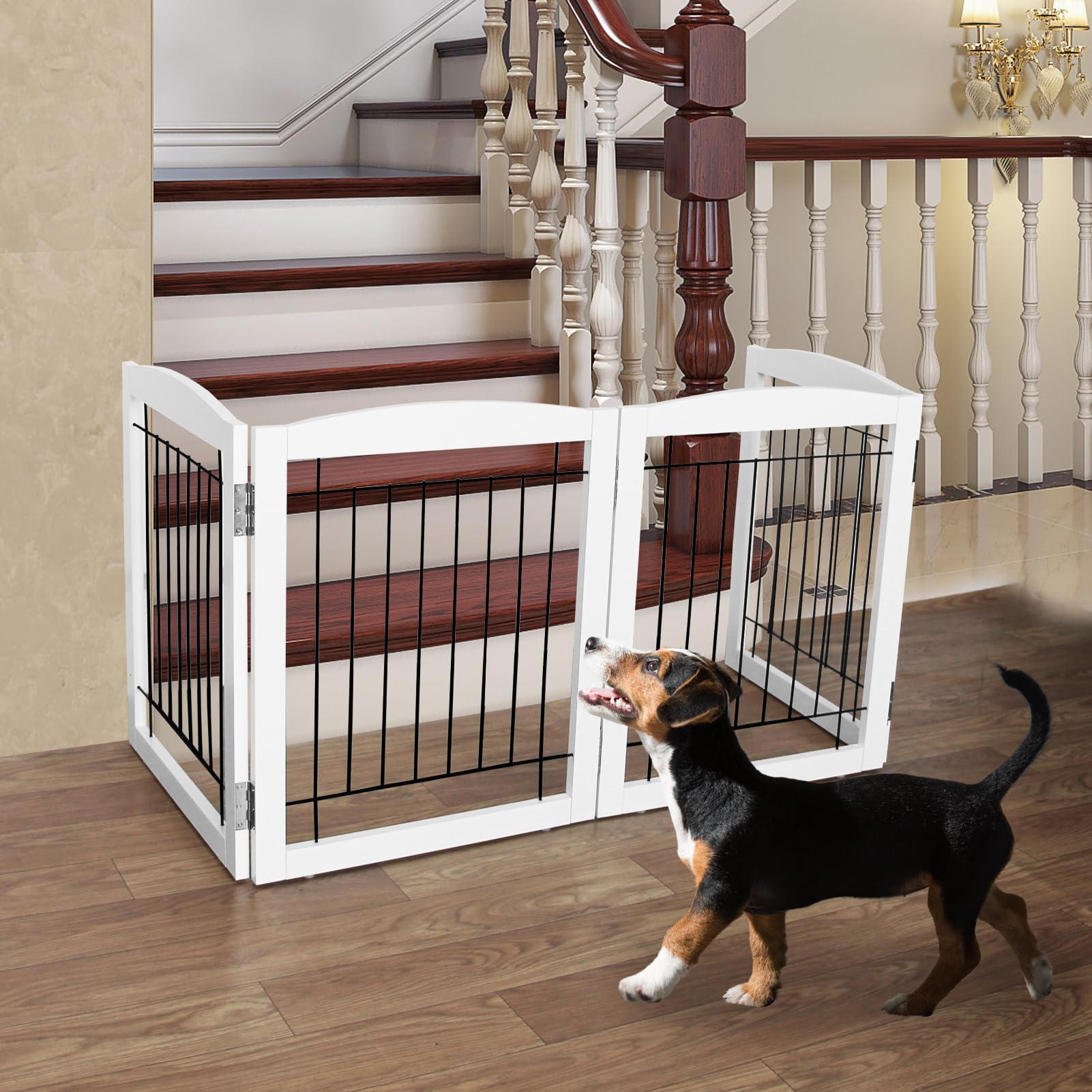 Freestanding Foldable Dog Gate - Extra Wide White Puppy Gate for Stairs & Doorways - Tall 4 Panel Wooden Pet Fence - Perfect for Indoor & Outdoor Use, Home Safety Barrier for Dogs & Pets