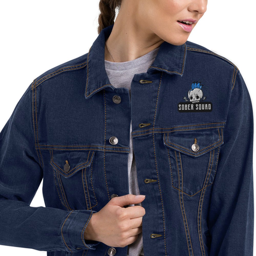 Sober Squad Embroidered Denim Jacket for Men & Women - Stylish Vintage Denim Jacket with Unique Embroidery - Perfect for Casual Outfits, Streetwear, and Everyday Wear