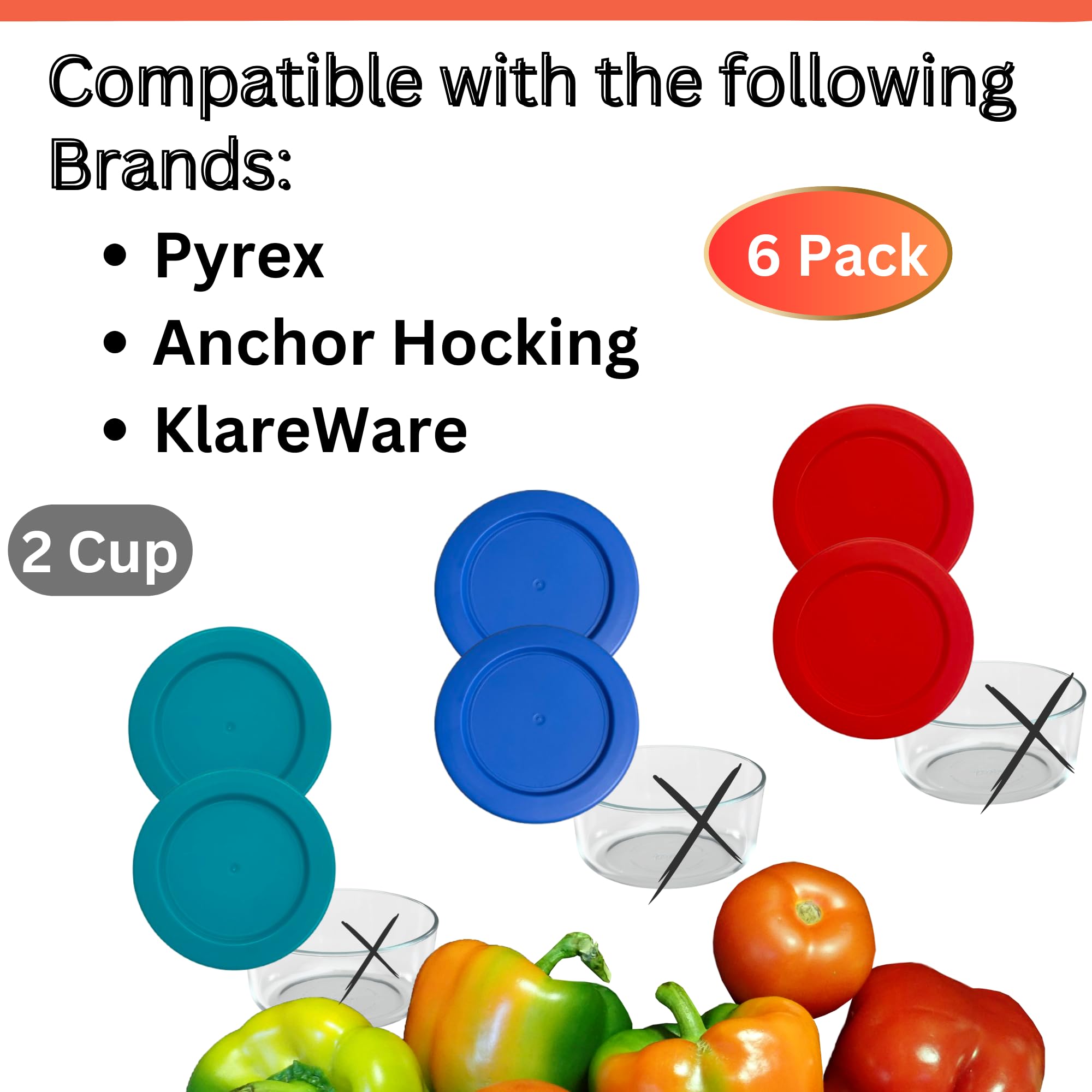 Pyrex 2 Cup Glass Food Storage Container Replacement Lids - 6 Pack (Turquoise, Blue, Red) | Airtight & Leakproof Covers for Meal Prep, Leftovers & Kitchen Organization (Container Not Included)