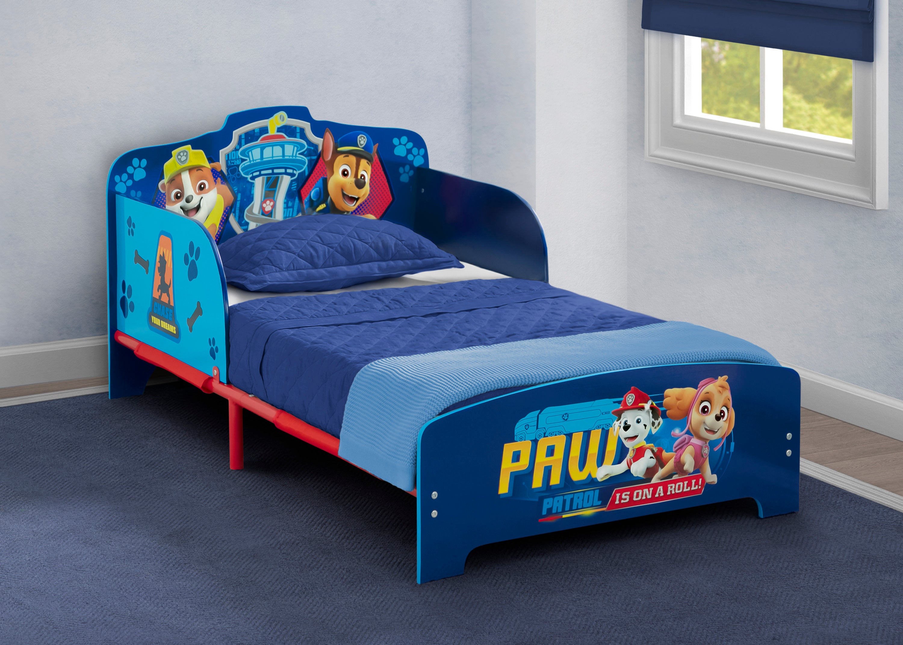 PAW Patrol Themed Wood & Metal Toddler Bed for Kids - Durable & Safe Children's Bed with Official Character Design - Perfect for Nursery, Bedroom, or Playroom Decor