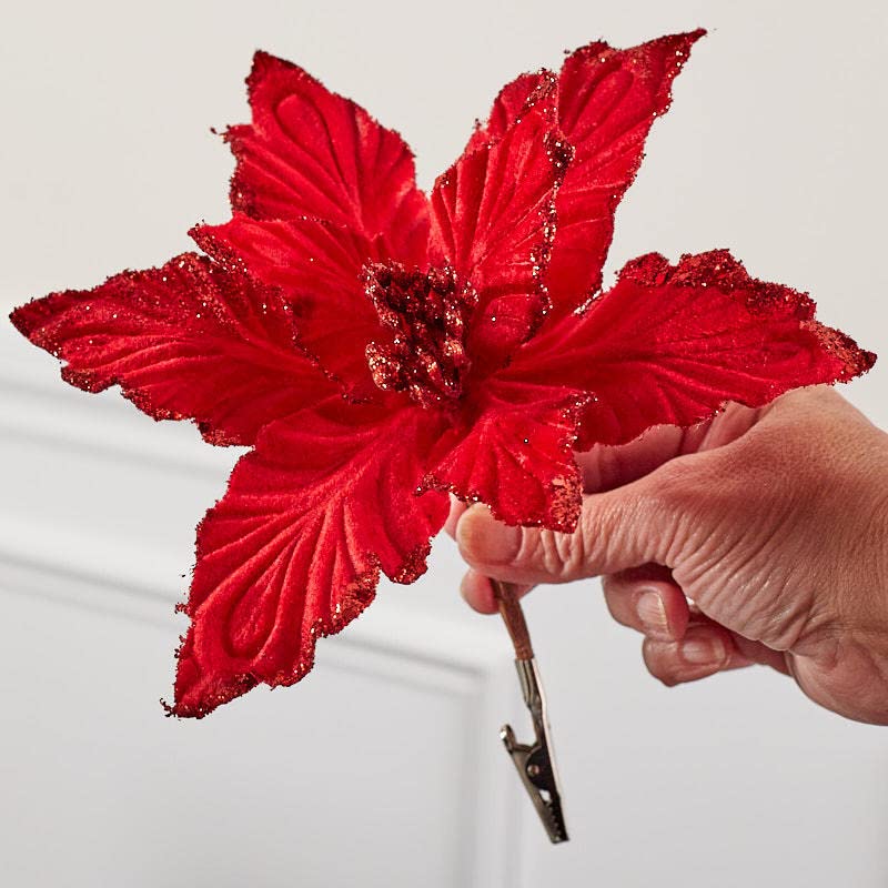 12 Pack Red Poinsettia Christmas Tree Clips - Velveteen Glitter Holiday Ornaments for Xmas Decor, Wreaths, Gift Wrapping & Party Centerpieces