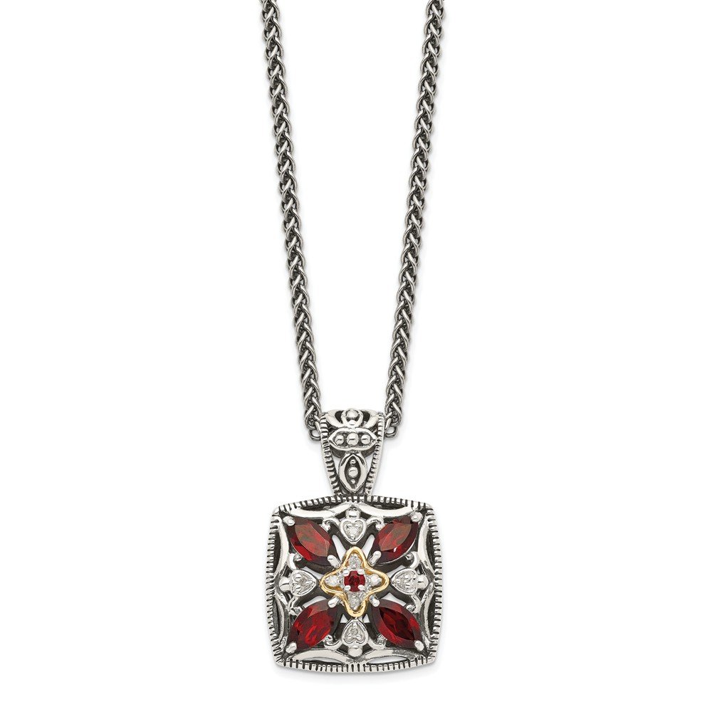 14K Yellow Gold & Sterling Silver Diamond Garnet Pendant Necklace 18 Inch - Elegant Jewelry Gift for Women, Perfect for Anniversaries, Birthdays & Special Occasions