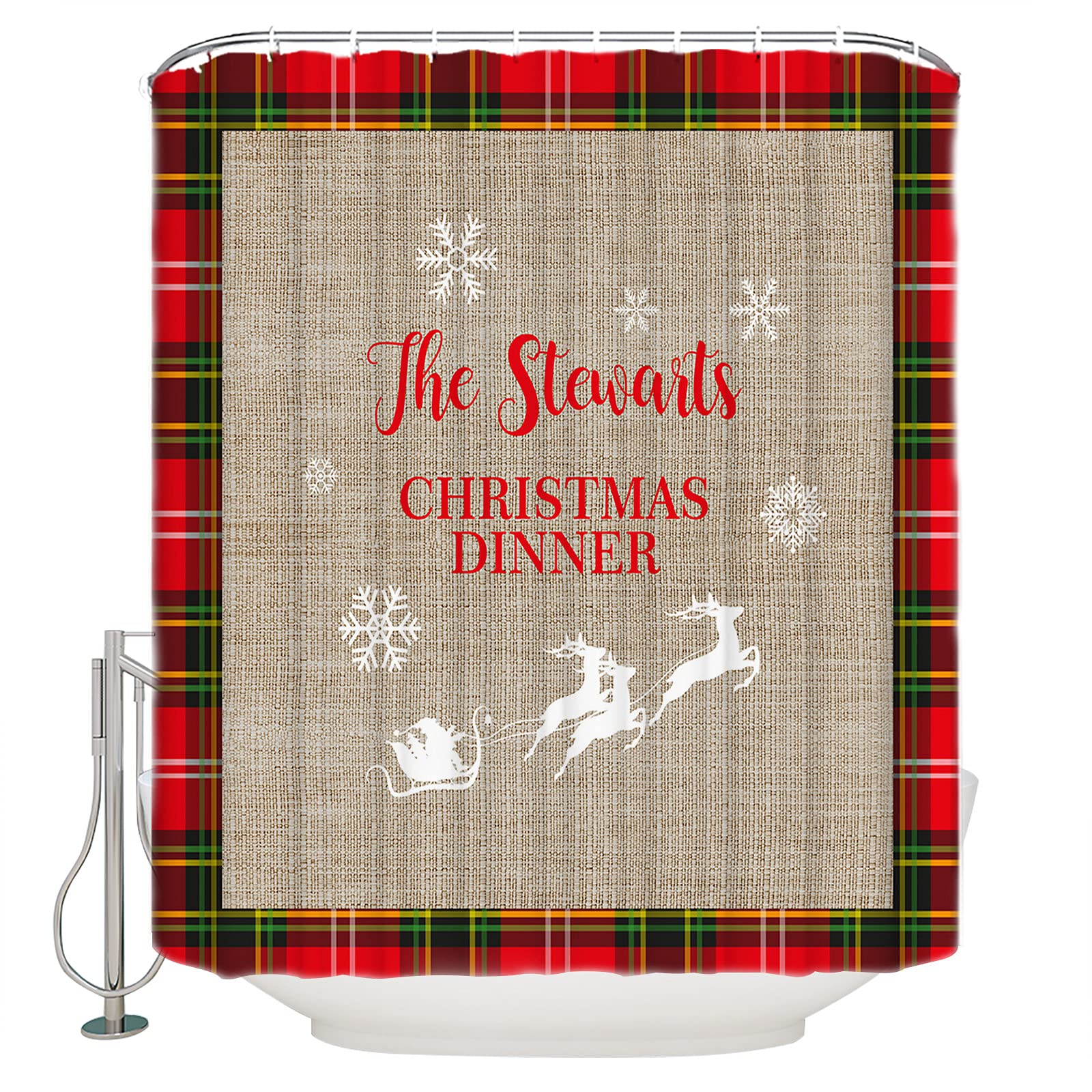 Anzona Christmas Dinner Elk Santa Burlap Textured Waterproof Shower Curtain Set - 36 x 72 Inch Red Buffalo Plaid Polyester Fabric Bathroom Decor with 12 Hooks | Holiday Bathroom Accessories for Christmas, Winter & Rustic Home Decor