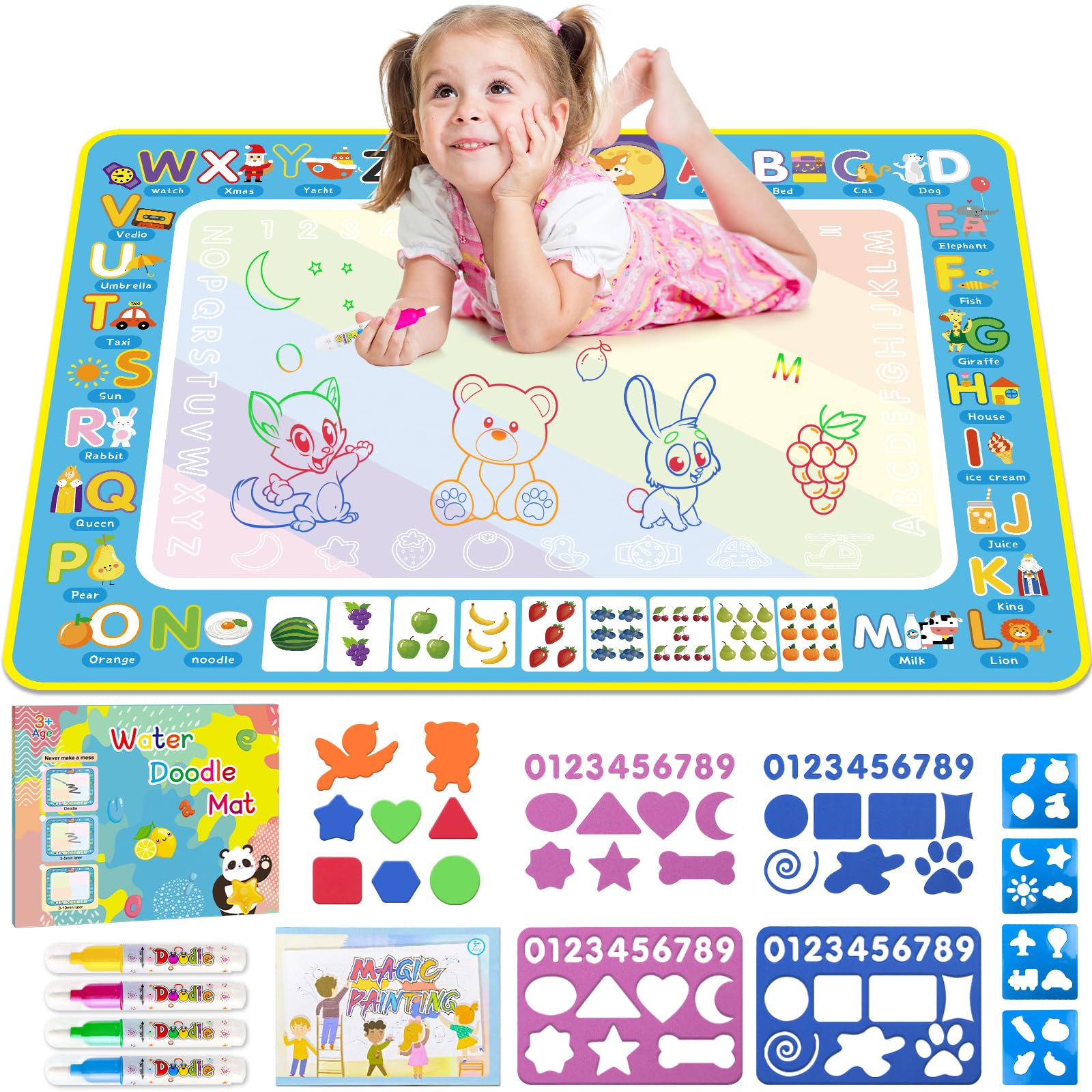 Magic Water Doodle Mat for Kids Ages 3-8 | Mess-Free Coloring & Drawing Toy with Reusable Pen | Educational Birthday Gift for Toddlers & Preschoolers | Perfect for Travel, Home Play & Classroom Activities