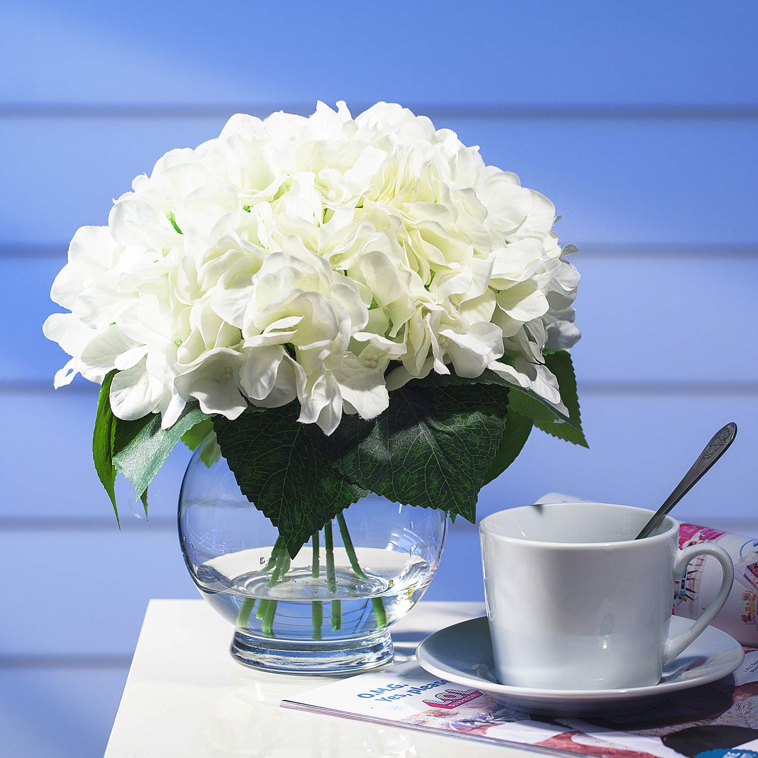 Premium Artificial Silk Hydrangea Flower Arrangement in Clear Glass Vase - Cream Home Decor for Living Room, Wedding Centerpiece & Office Decoration