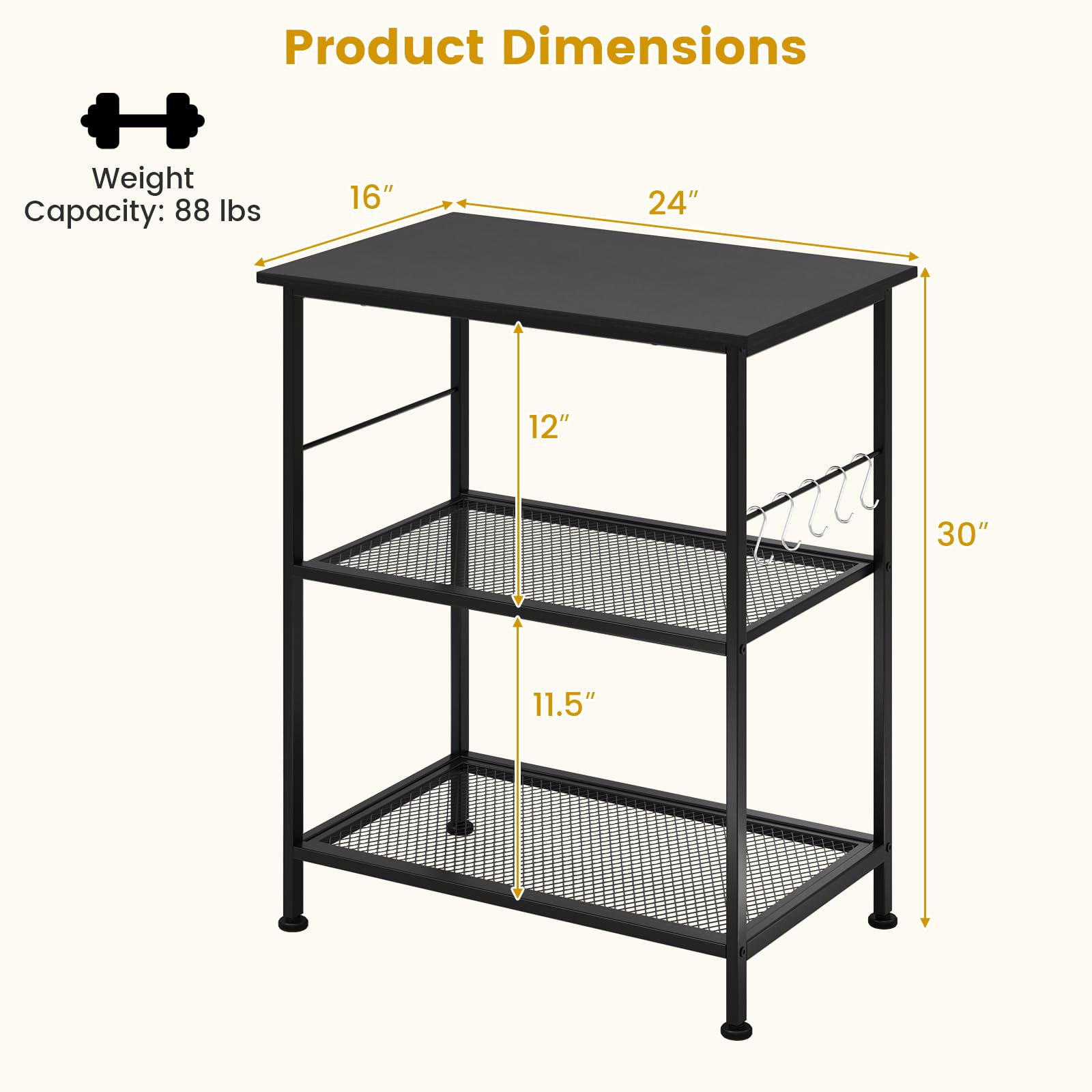 Giantex 3-Tier Rolling Kitchen Cart with Wooden Top - Industrial Style Microwave Stand, Storage Shelf & Mobile Serving Cart for Small Spaces - Perfect for Bakeries, Kitchens & Dorm Rooms (Black)