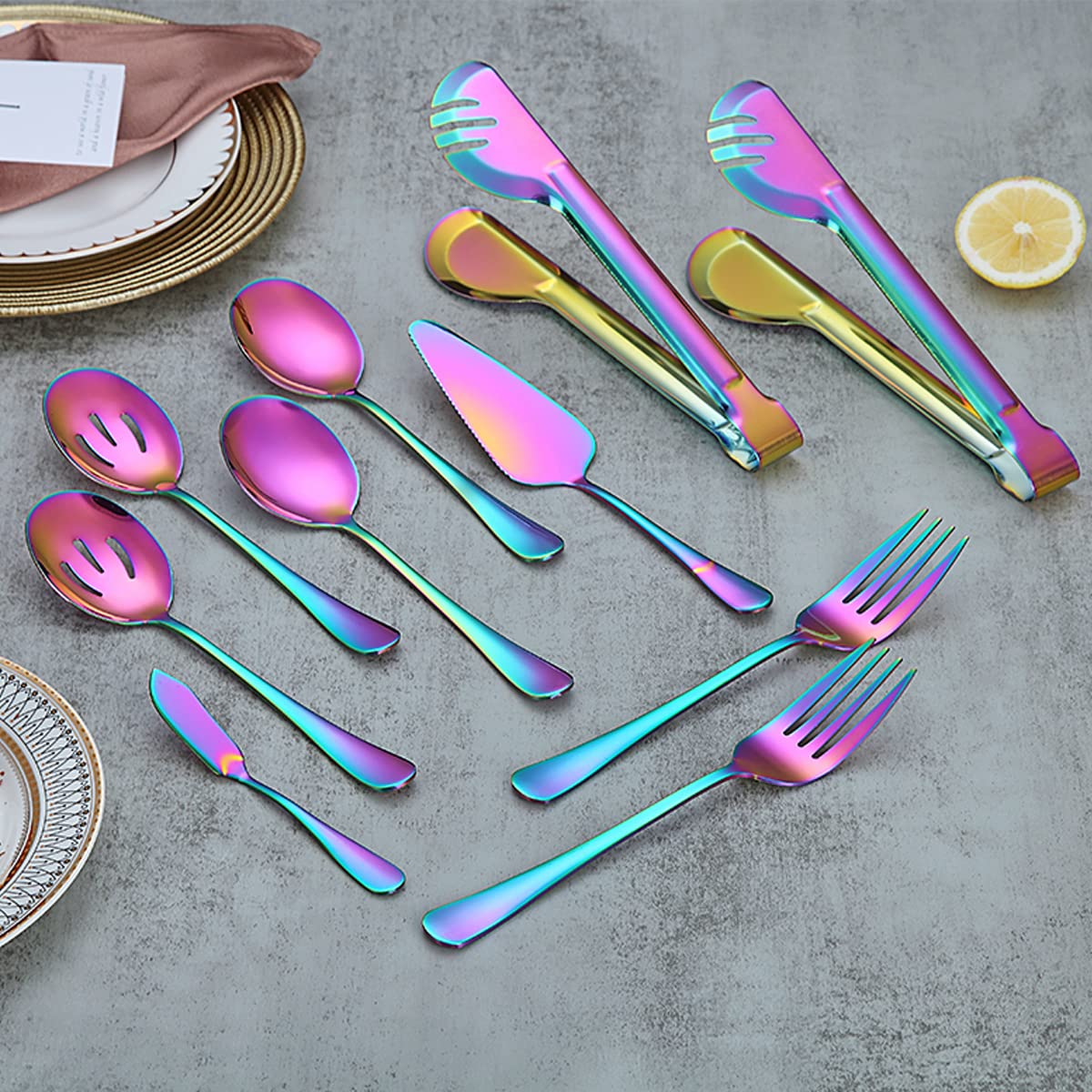 Rainbow Stainless Steel Serving Utensil Set - 12 Piece Kitchen Tools Including Serving Spoons, Slotted Spoons, Forks, Cake Server, Butter Knife & Tongs - Dishwasher Safe for Parties, BBQs & Family Dinners