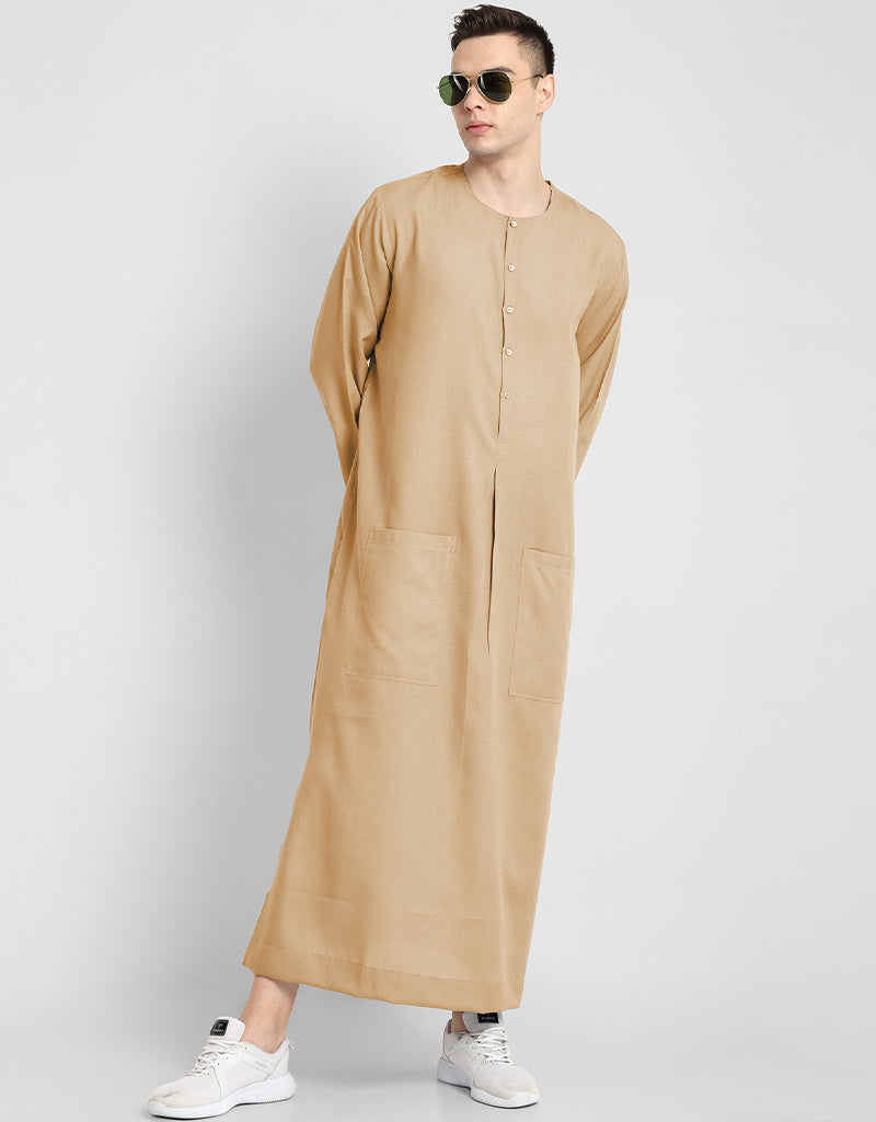 Men's Beige Thobes - 100% Cotton Blend Plain Solid Long Sleeve Islamic Robe for Prayer, Work & Special Occasions | Comfortable Traditional Muslim Attire for Daily Wear & Religious Ceremonies
