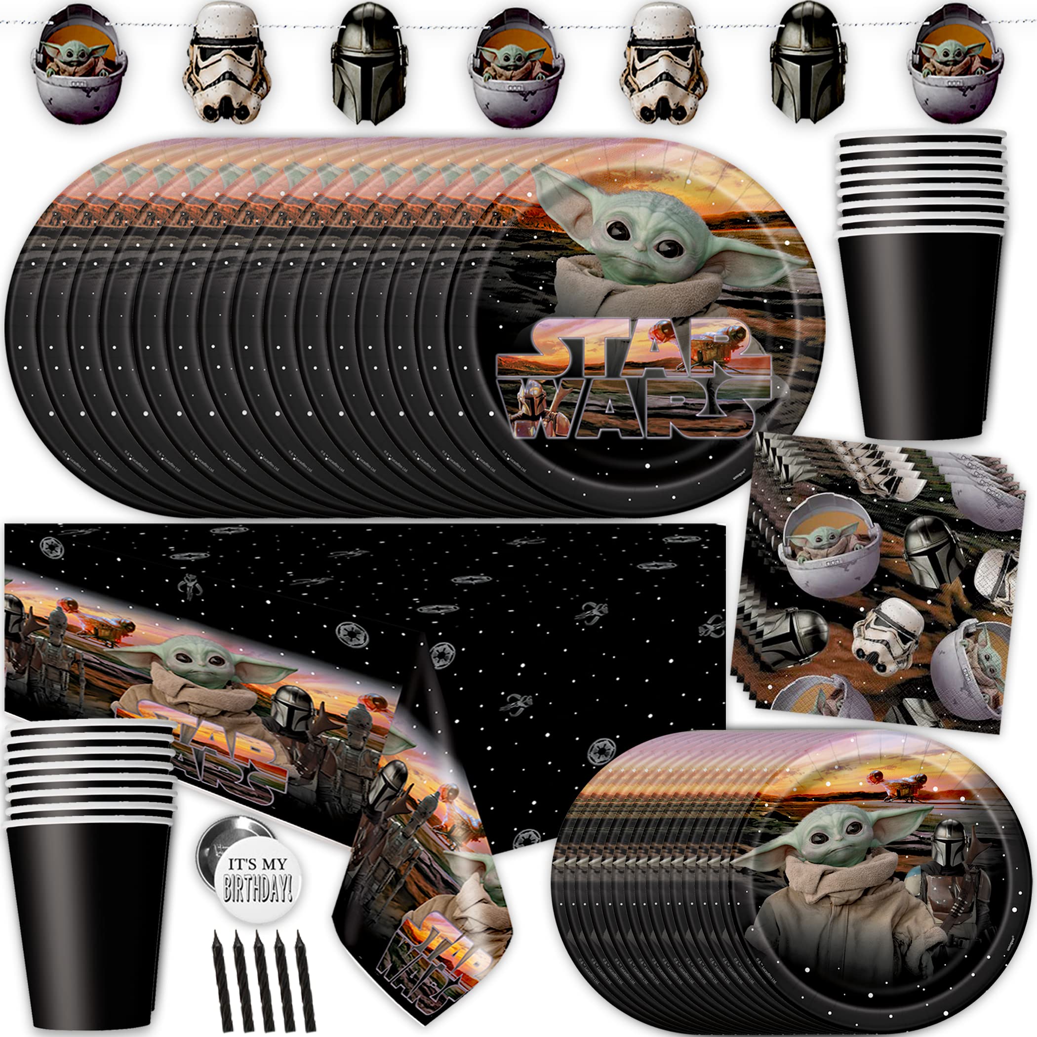 Baby Yoda Birthday Party Decorations Kit - Mandalorian & Star Wars Themed Supplies for 16 Guests - Includes Banner, Table Cover, Plates, Cups, Napkins & Buttons - Perfect for Kids Birthday Parties, Themed Events & Star Wars Fans Celebrations