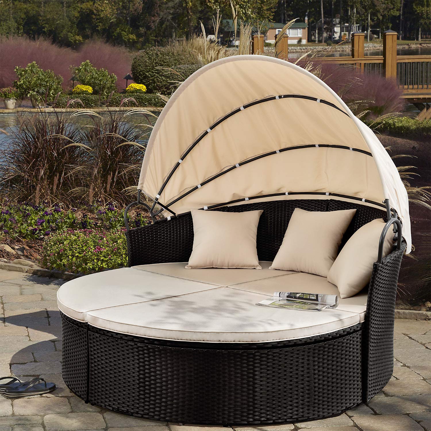 Devoko Outdoor Round Daybed with Retractable Canopy - Wicker Rattan Sectional Sofa for Patio, Garden, Backyard - Perfect for Lounging, Sunbathing & Outdoor Relaxation