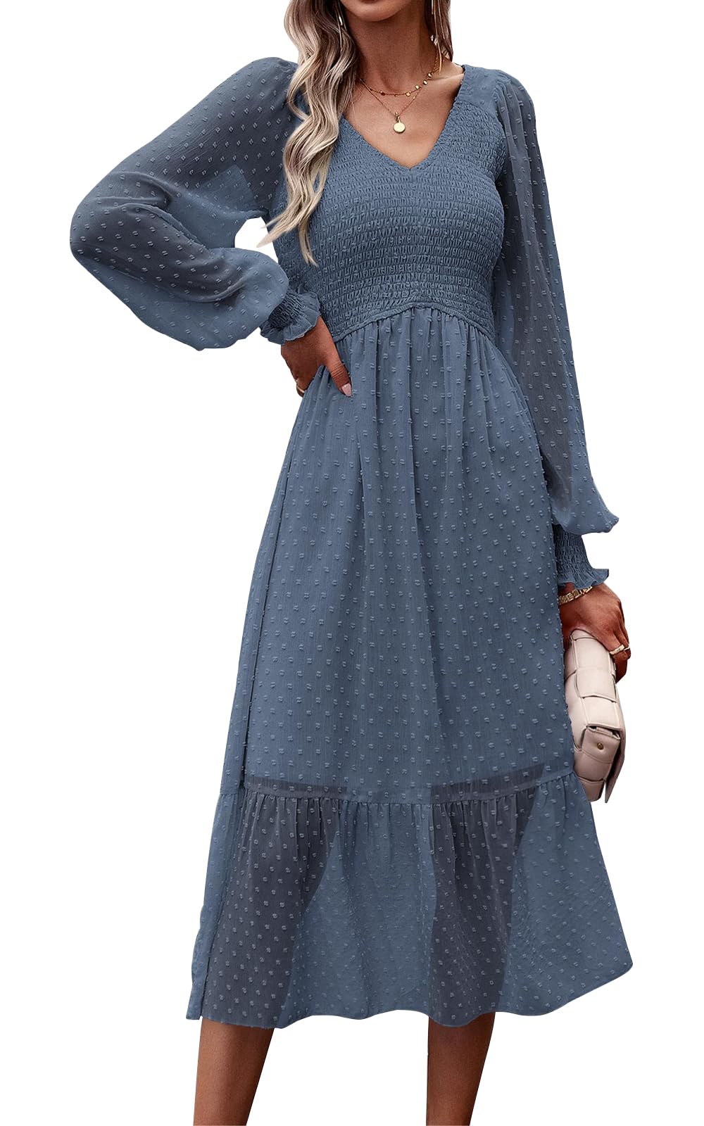 PRETTYGARDEN Women's Floral Swiss Dot Chiffon Dress 2025 - Long Sleeve V-Neck Empire Waist Ruffle Midi Dress for Spring Summer Wedding Guest Party Office Wear