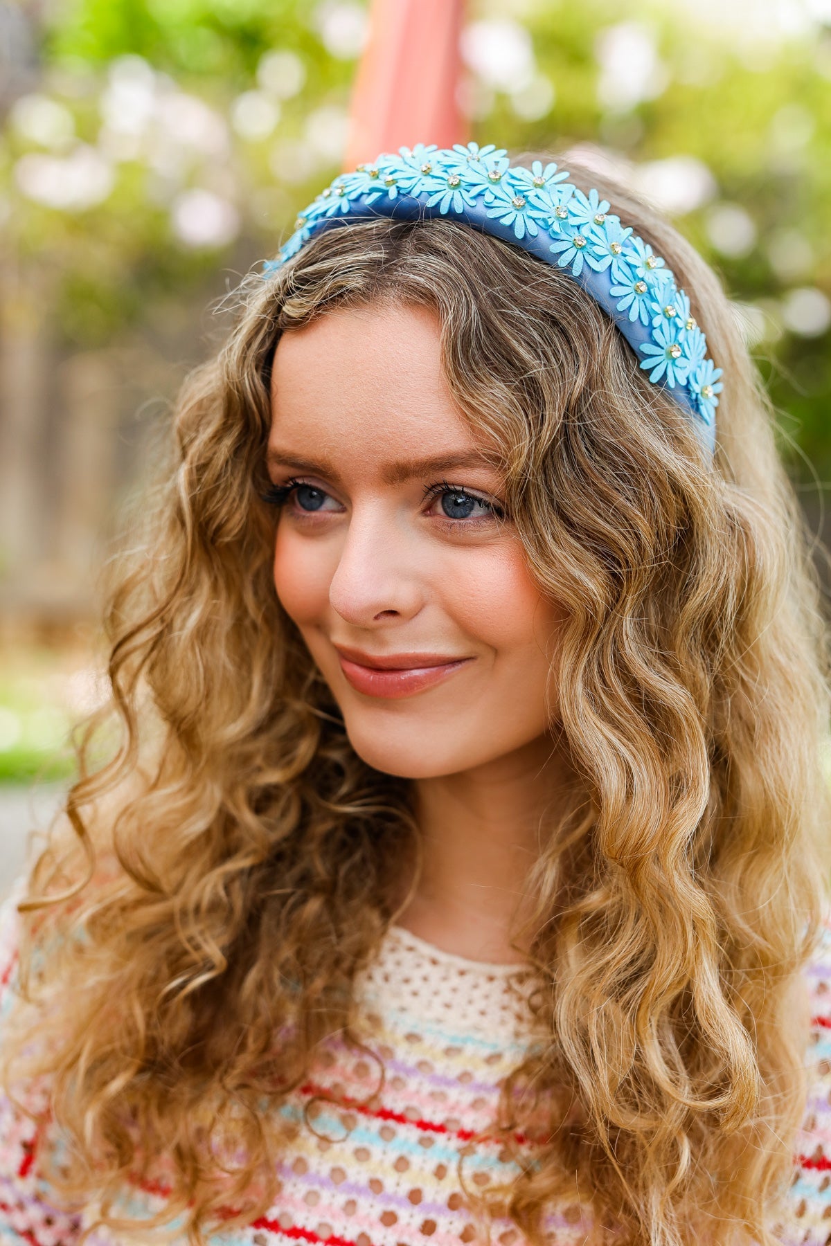 Blue Satin Daisy Rhinestone Headband for Women - Sparkling Hair Accessory for Weddings, Parties & Special Occasions