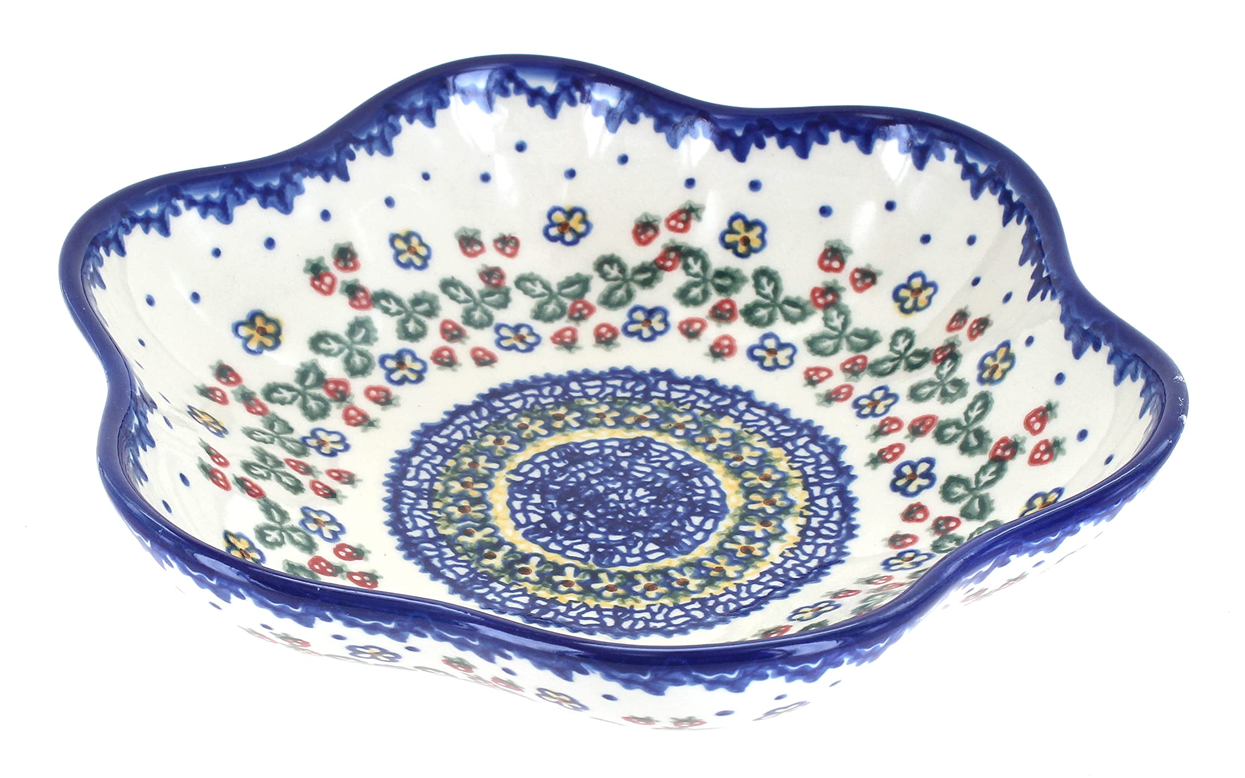 Handmade Blue Rose Polish Pottery Bowl - Large Strawberry Garden Daisy Design - Perfect for Serving, Decor & Gift Giving