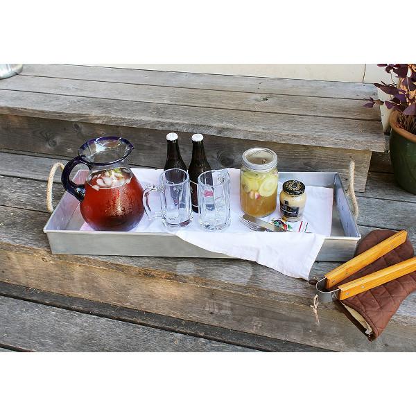 Galvanized Metal Tray with Rope Handles - Rustic Farmhouse Serving Tray for Kitchen, Dining, or Outdoor Picnics