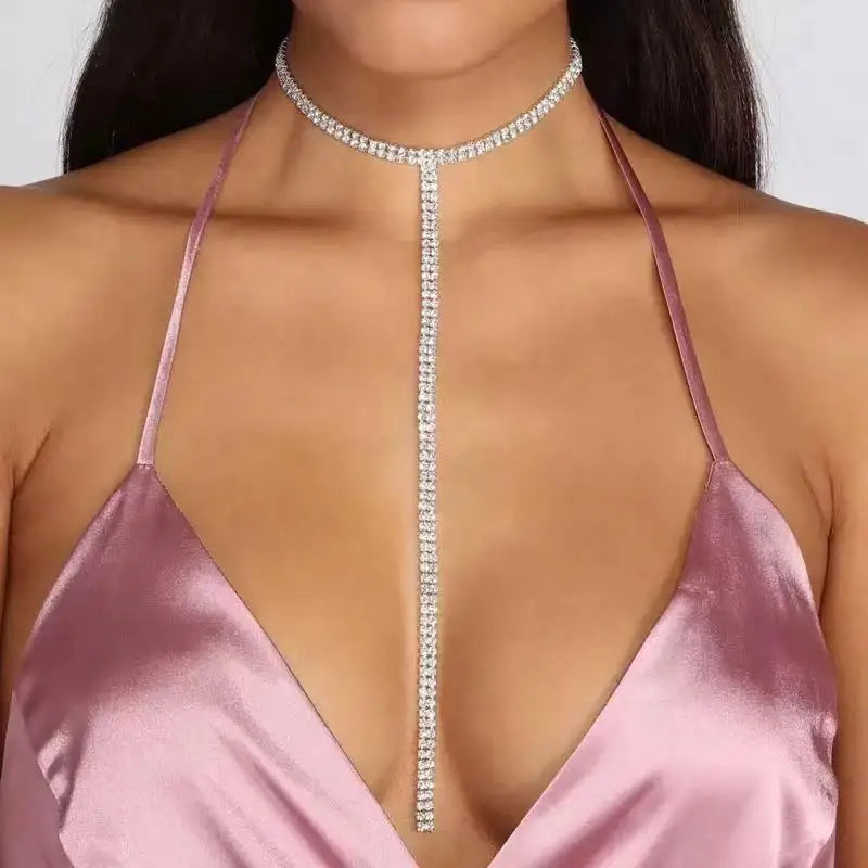 Elegant Rhinestone Chain Necklace for Women - Sparkling Crystal Statement Choker with Long Tassel | Perfect for Parties, Weddings & Evening Events