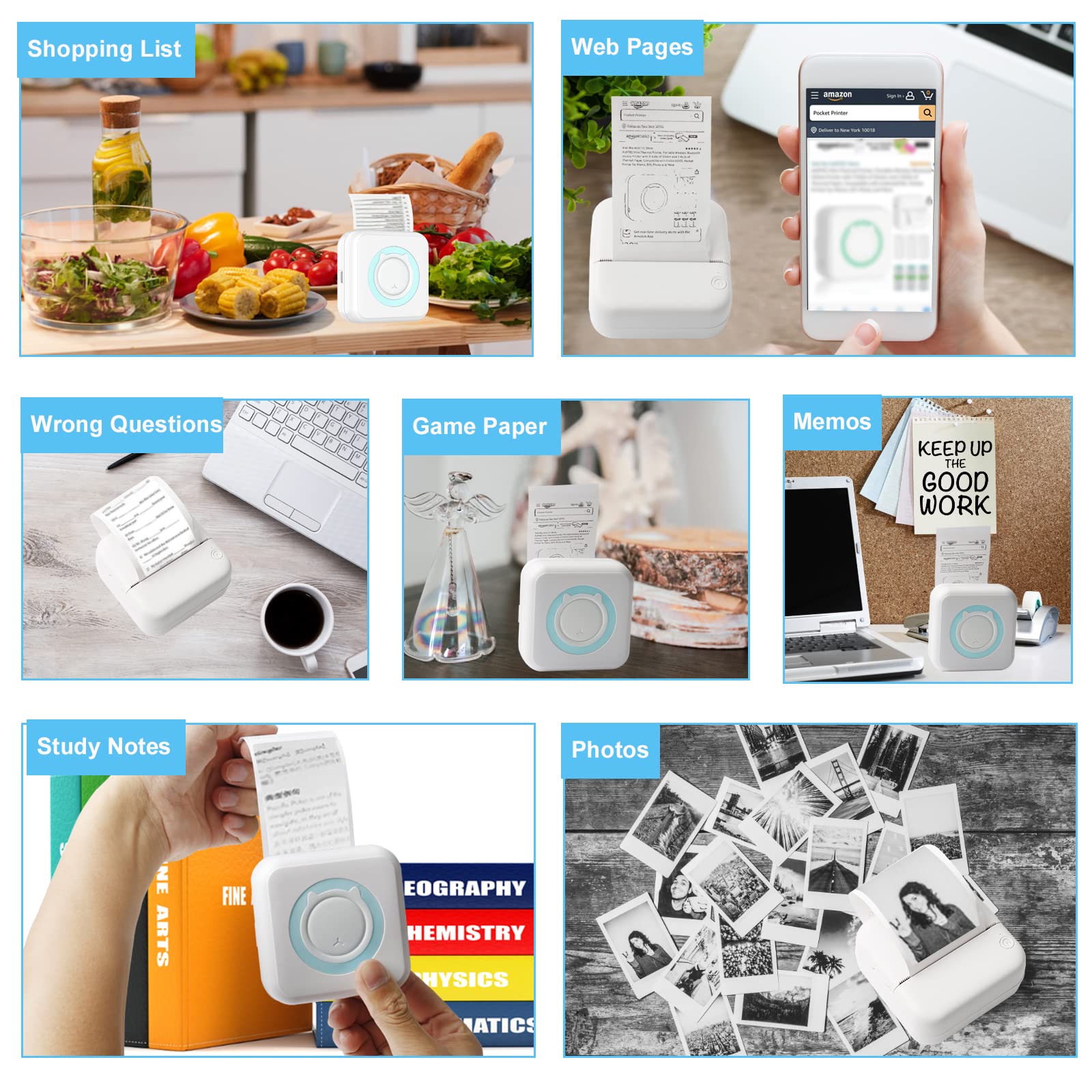 Mini Portable Inkless Thermal Printer - Wireless Bluetooth Pocket Printer for iOS & Android with 7 Paper Rolls | Print Photos, Labels & Memos | Perfect for Home, Office & Travel Organization