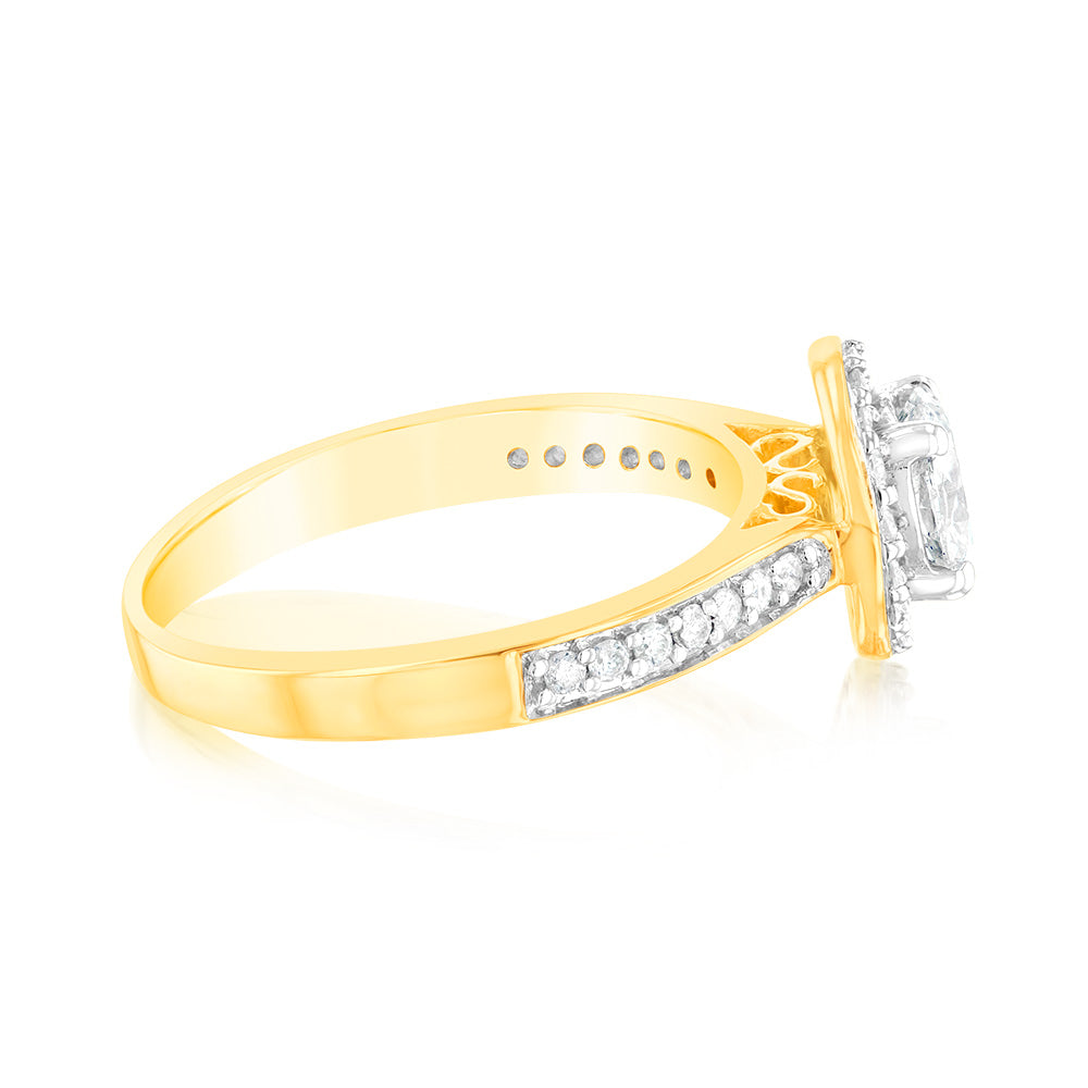 14K Yellow Gold 1 Carat Round Brilliant Cut Diamond Halo Engagement Ring with Pavé Band - Perfect for Proposals, Anniversaries & Special Occasions