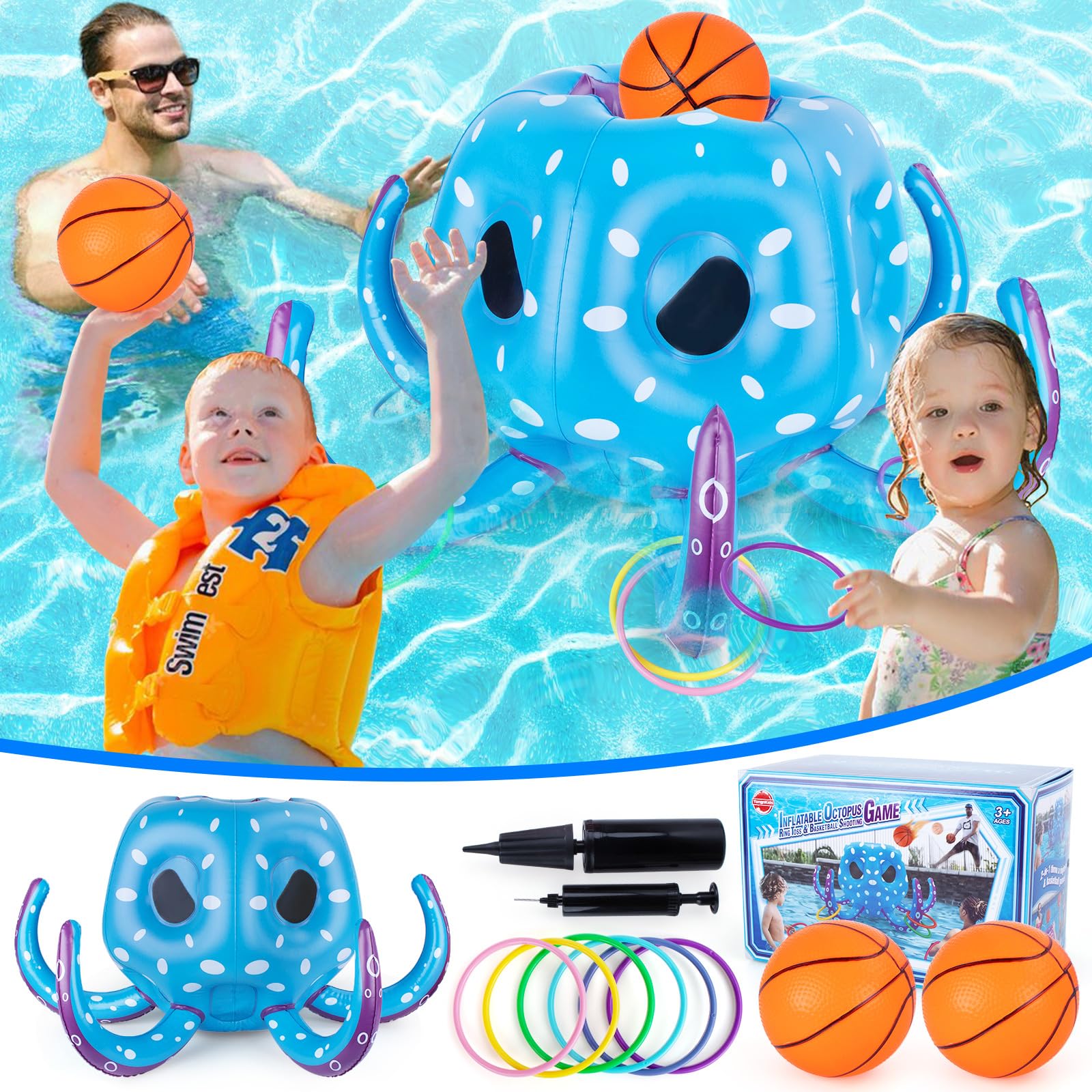 **Inflatable Pool Basketball Hoop & Ring Toss Game - 2-in-1 Floating Water Toys for Kids & Adults, Fun Summer Outdoor Pool Party Games, Perfect for Backyard, Beach & Swimming Pool Activities**