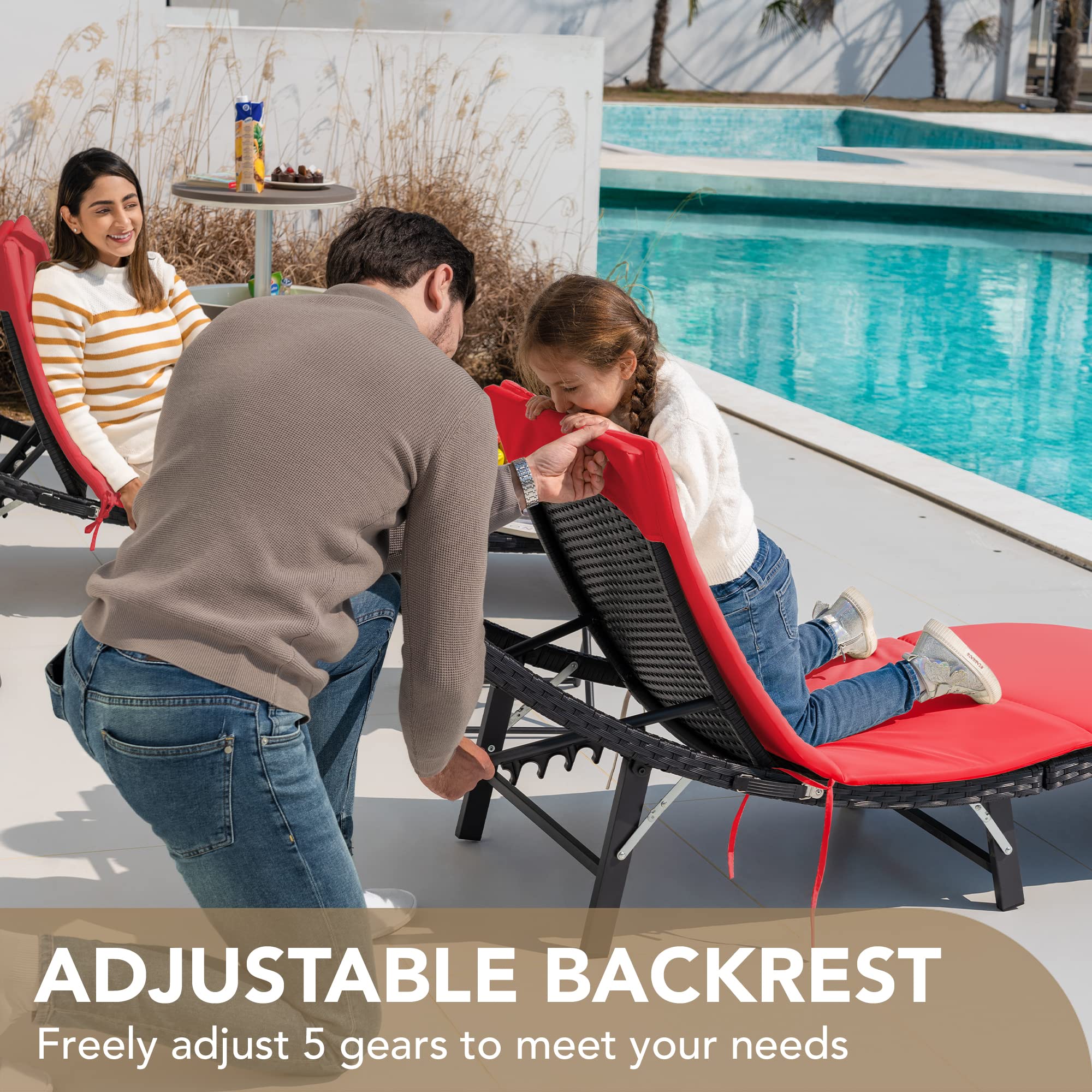 Devoko 3-Piece Outdoor Patio Chaise Lounge Set with Adjustable Back & Folding Table - Rattan Wicker Furniture with Cushions (Red) for Poolside, Garden, Backyard Relaxation