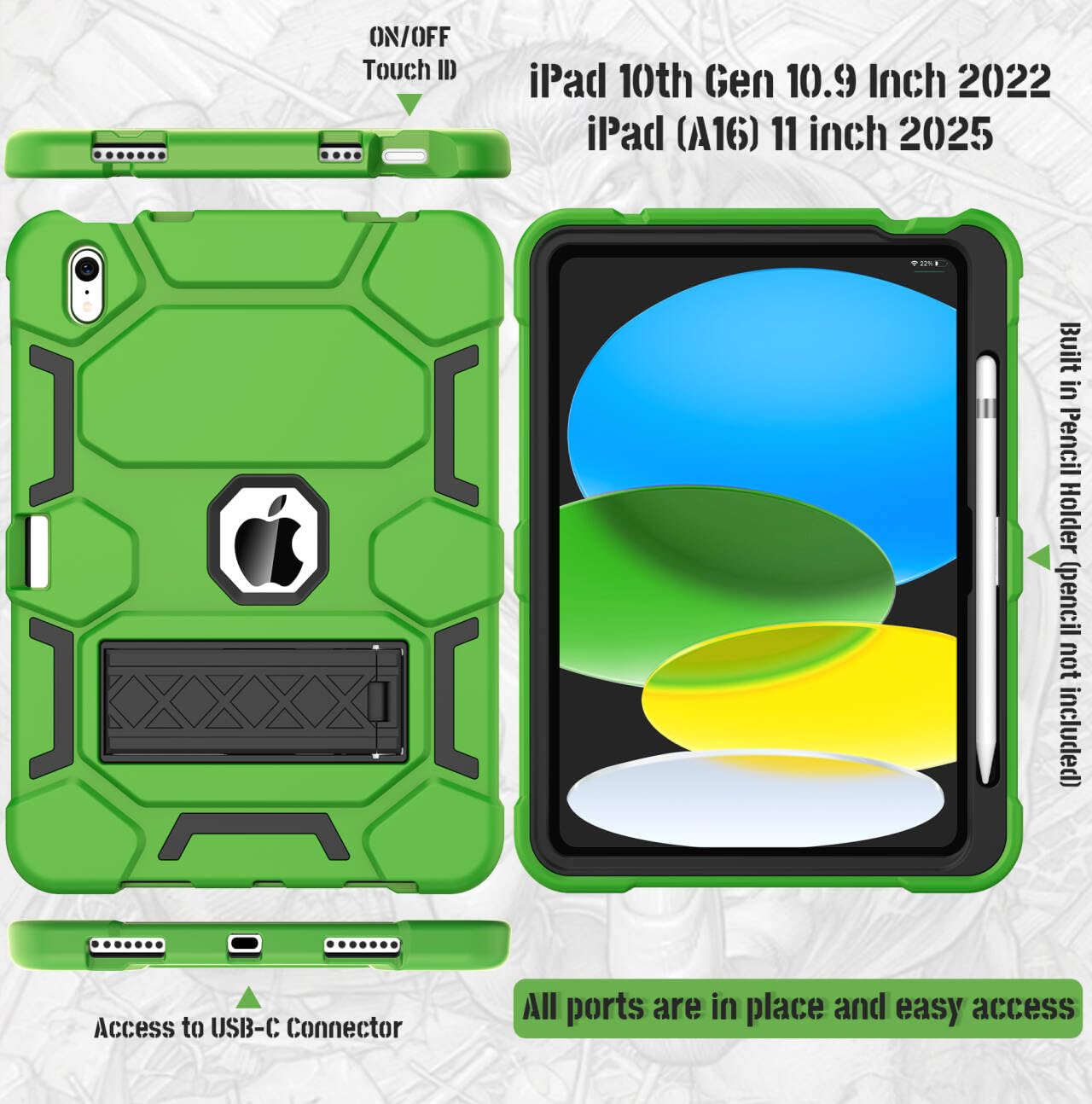 CCMAO Heavy Duty Shockproof Hybrid 3-Layer Protective Case for iPad 11th/10th Gen (2025/2022 Model A16) - Kickstand & Pencil Holder Included - Durable Green & Black Cover for Women & Girls - Perfect for Work, School & Travel