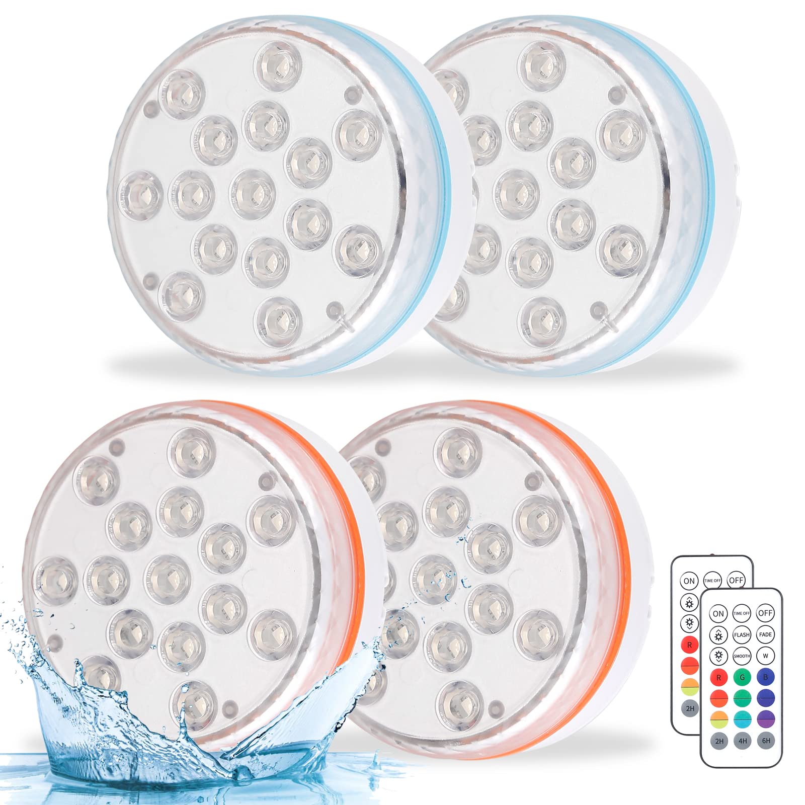 Submersible LED Lights with Remote RF - 15 Bright Beads 16 RGB Color Changing Waterproof IP68 Pool Lights with Suction Cup & Magnet - Perfect for Ponds, Bathtubs, Fountains, Gardens & Outdoor Decor (4 Pack)