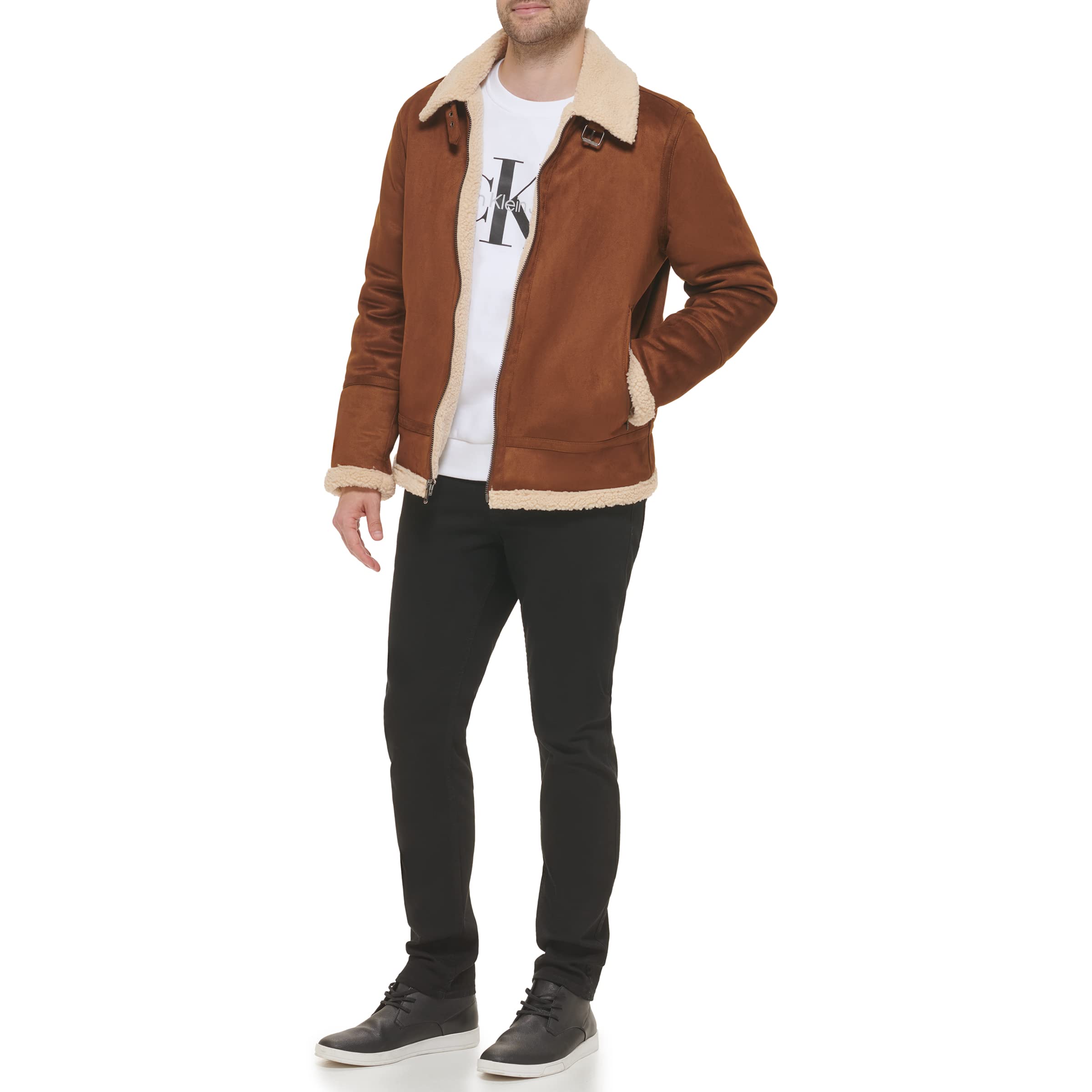 Calvin Klein Men's Faux Leather Bomber Jacket with Warm Shearling Lining - Stylish Winter Outerwear for Casual Wear & Night Out
