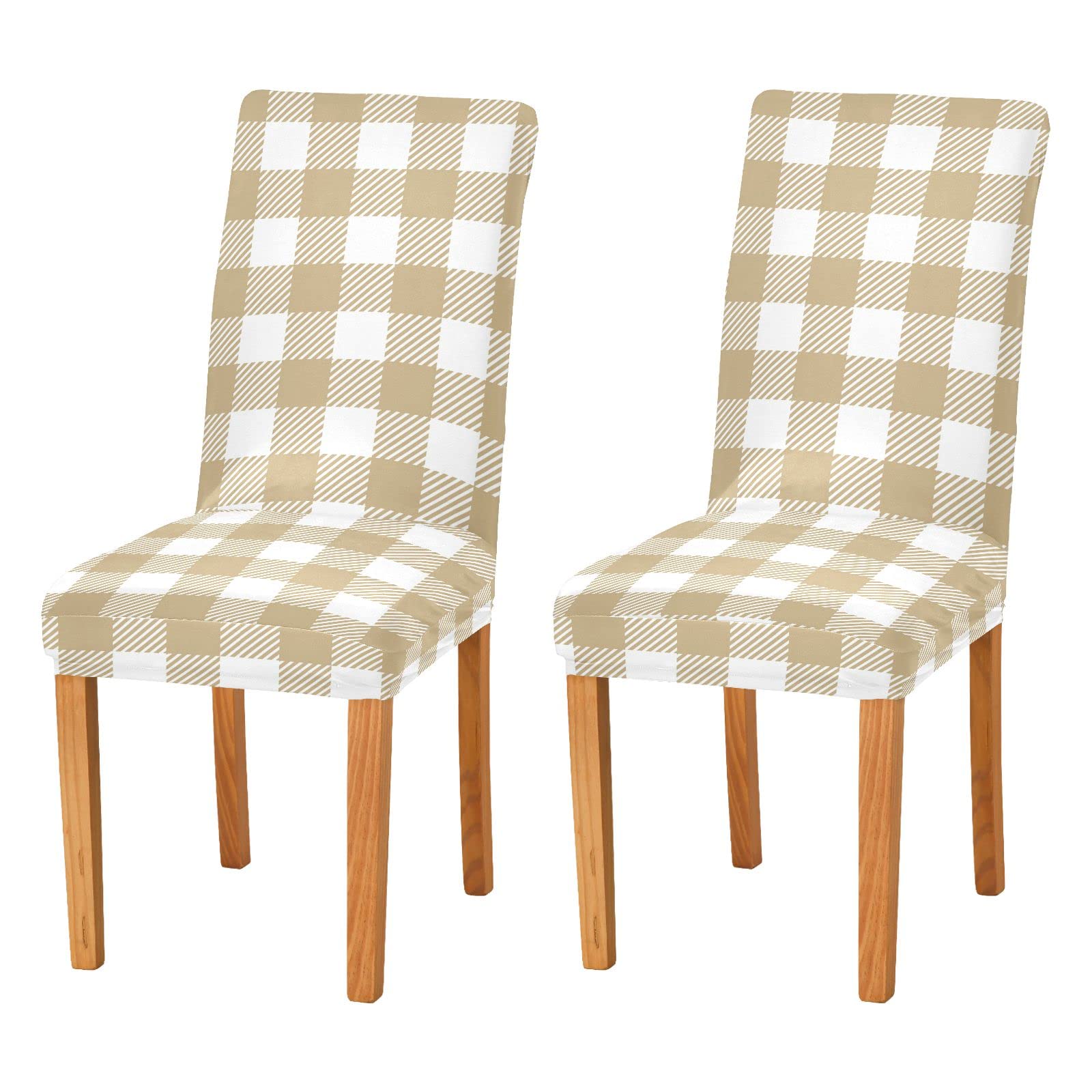Khaki Buffalo Plaid Check Dining Chair Covers Set of 2 - Stretchable, Washable & Removable Slipcovers for Kitchen, Dining Room, Wedding & Party Decor - Perfect for Home, Restaurant & Event Styling