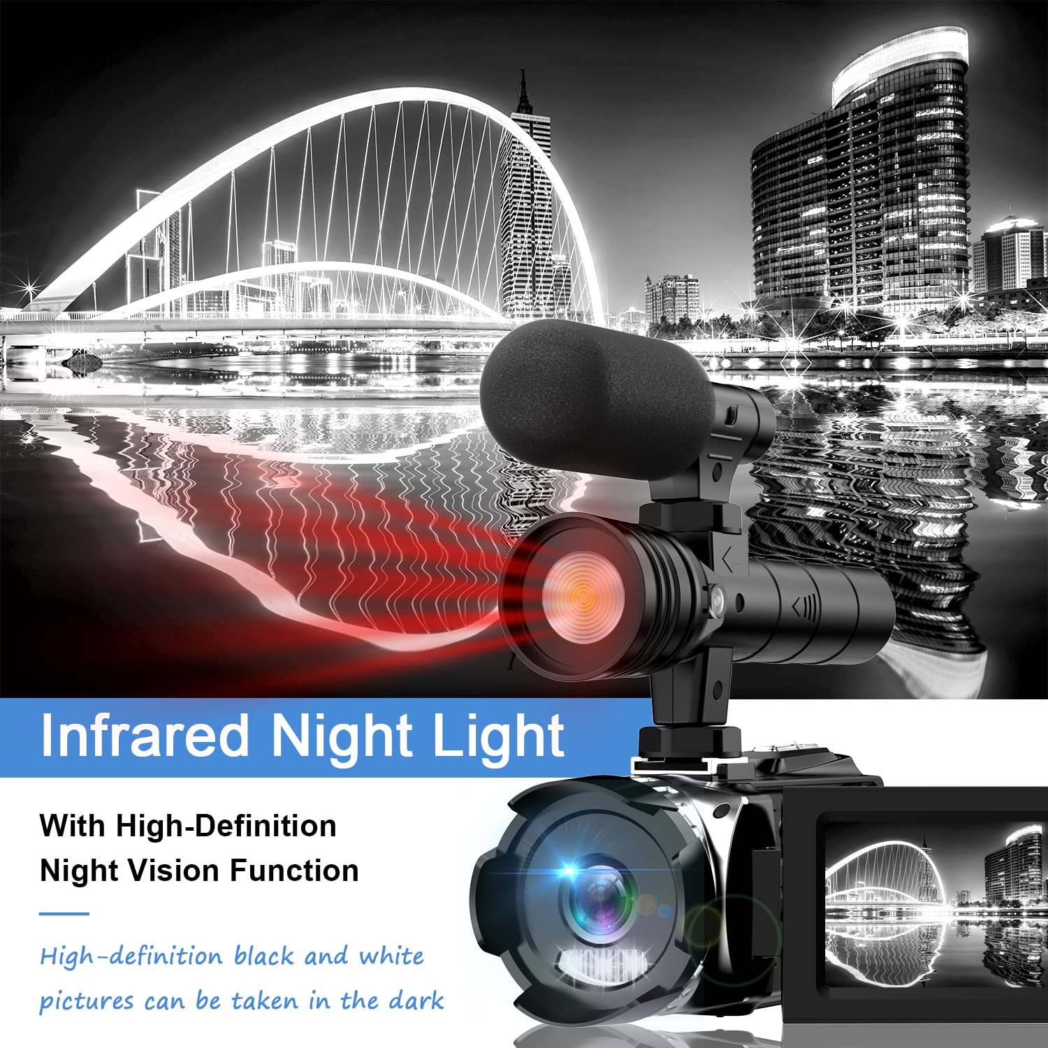 4K 48MP Camcorder with 60FPS & 24X Digital Zoom - IR Night Vision Vlogging Camera for YouTube, 3.0'' IPS Screen, Built-in Microphone, 2 Batteries & Tripod Included - Perfect for Travel Vlogging, Live Streaming, and Outdoor Adventures