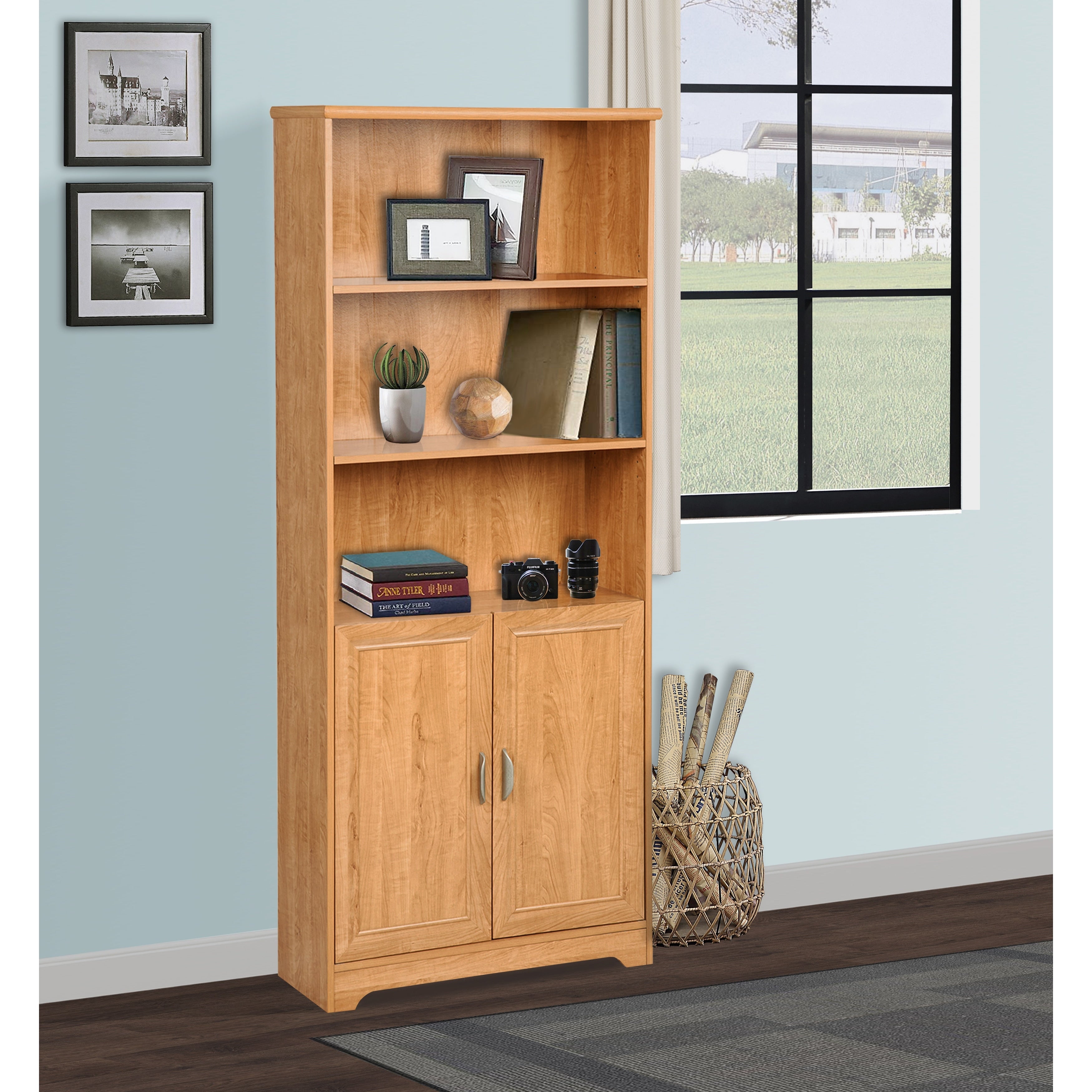 5-Shelf Bookcase with Doors - Honey Maple Wooden Bookcase with Adjustable Shelves, Modern Storage Unit with Metal Hardware - Perfect for Living Room, Office, or Library Organization