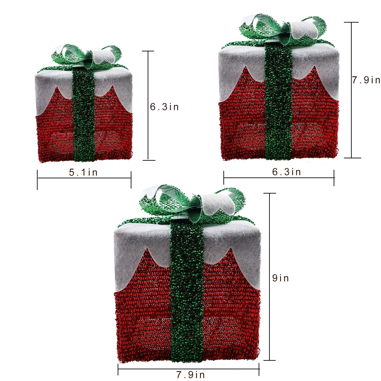 MorTime 3-Pack LED Gift Boxes with Green Bows - Christmas Indoor/Outdoor Decor