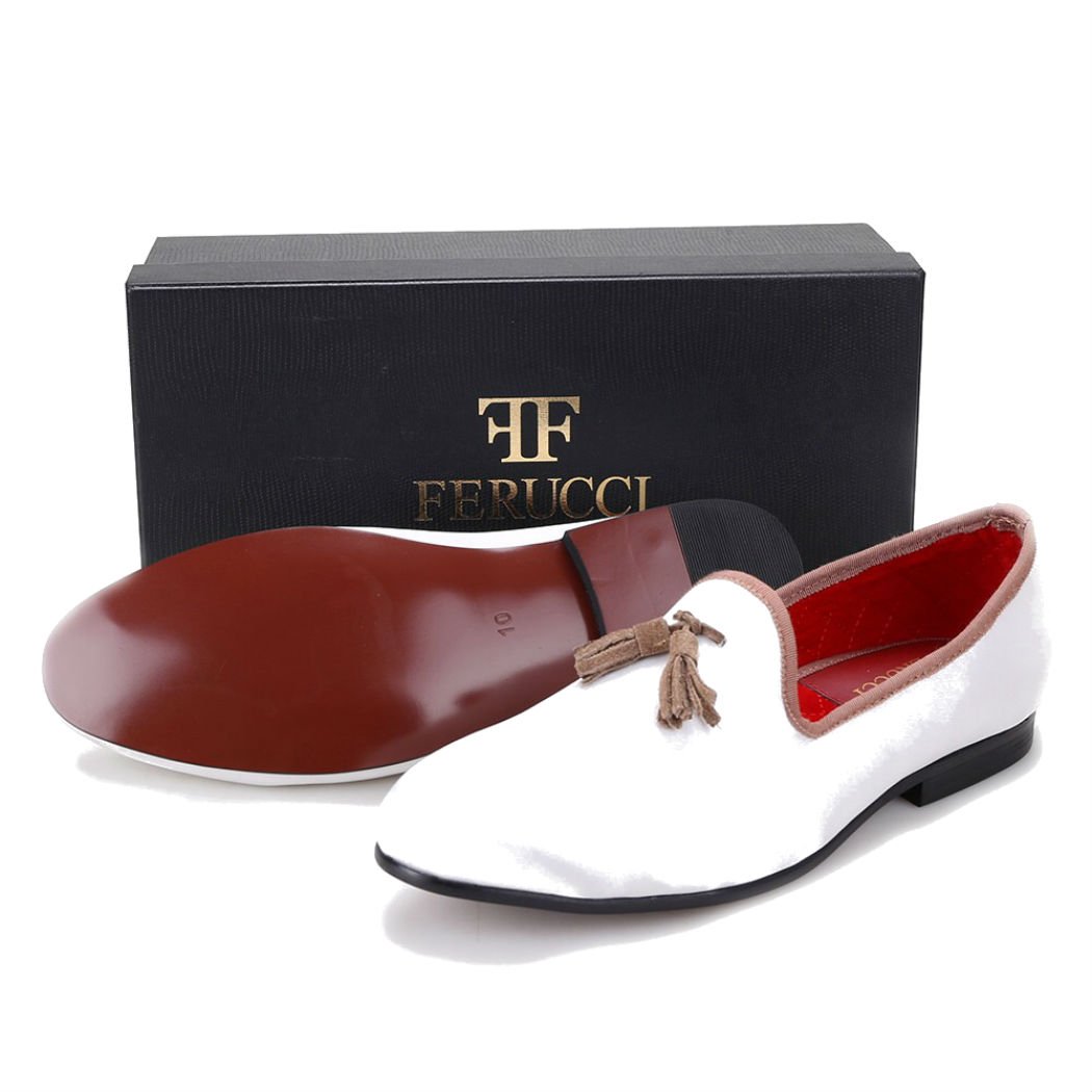 FERUCCI White Velvet Loafers with Brown Tassel - Custom-Made Women's Slippers for Home, Office & Special Occasions