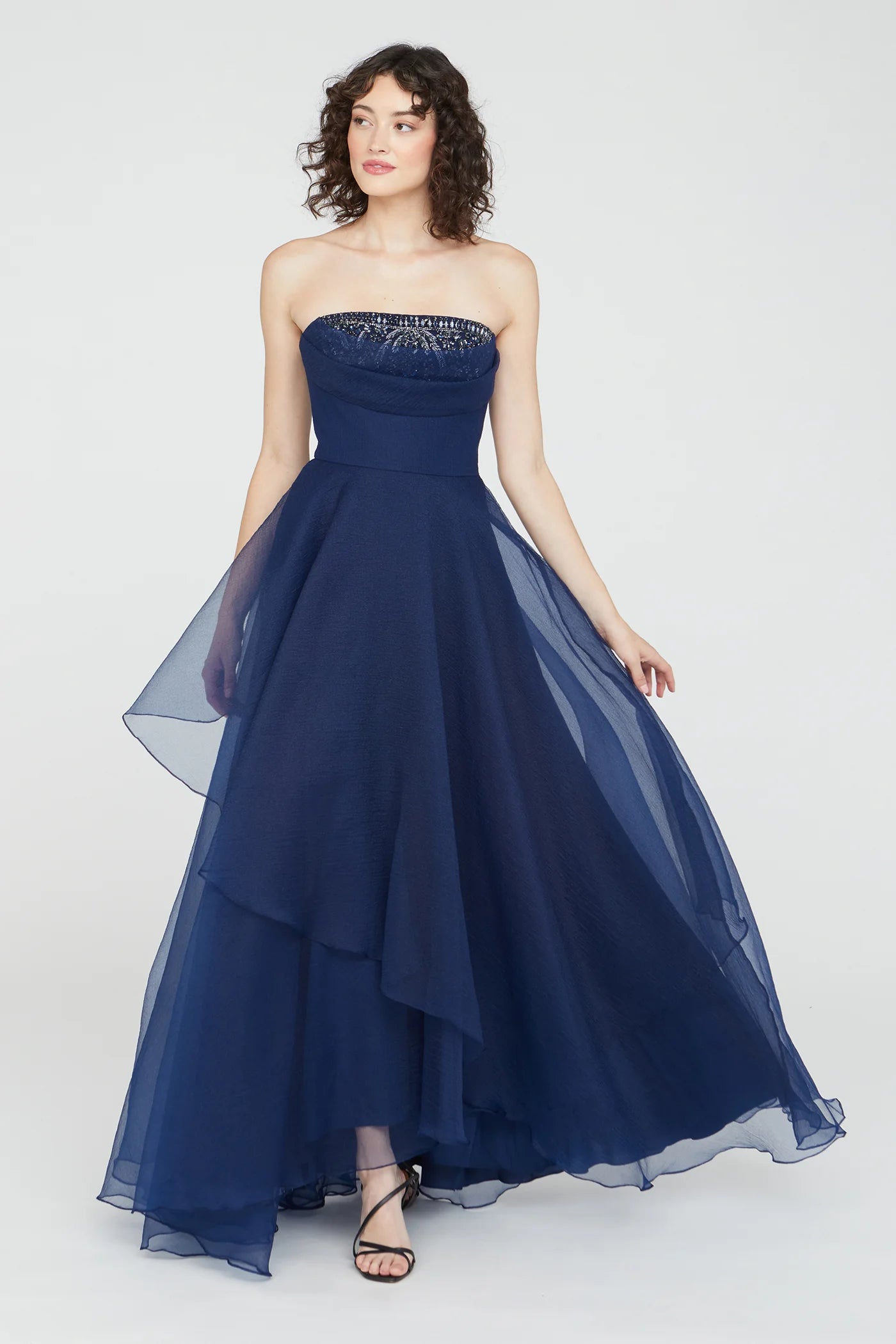 Elegant Aubrey Asymmetric Organza Evening Gown in Navy Blue - Perfect for Prom, Wedding Guest & Formal Events
