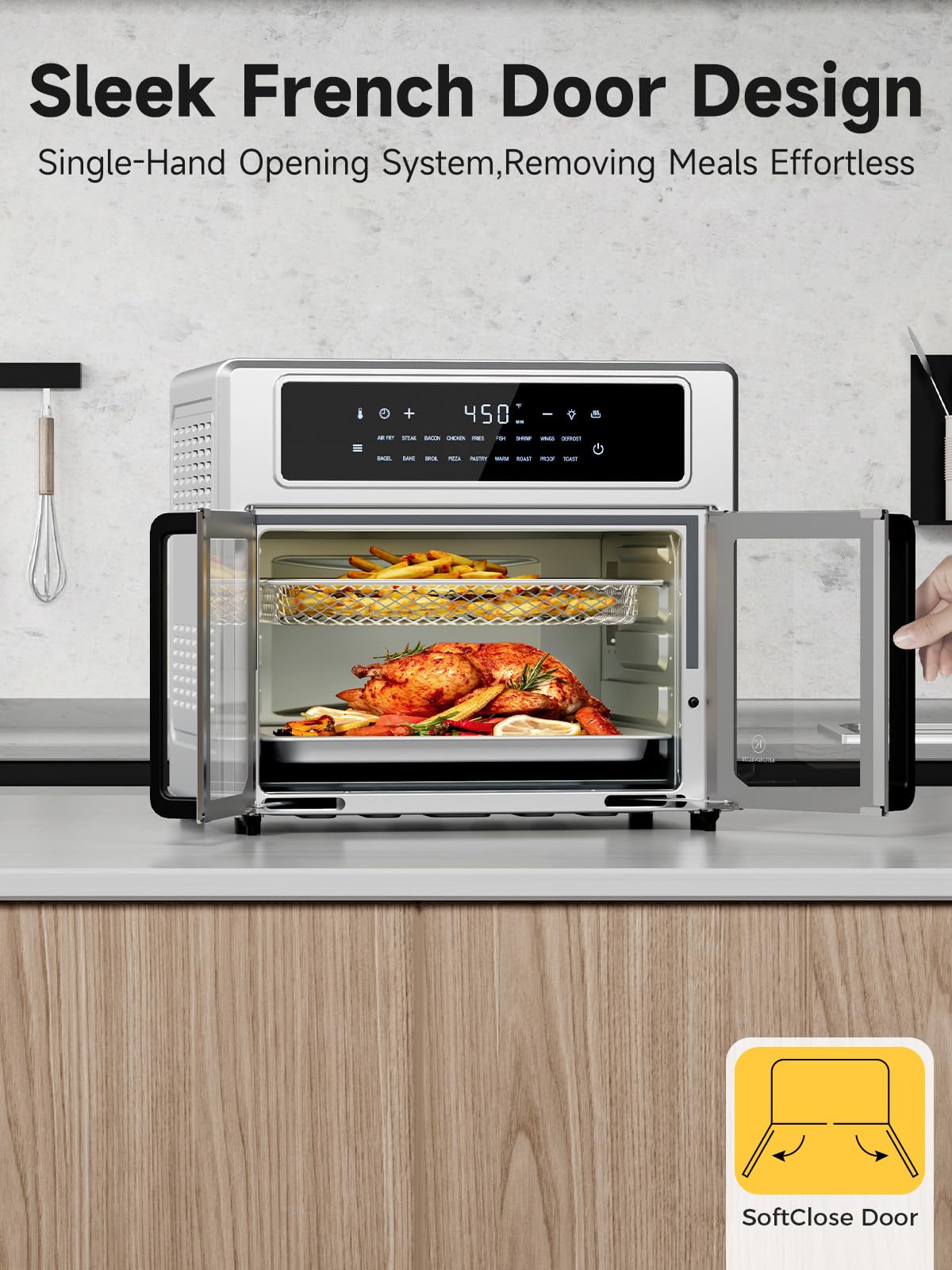 Kitchen Elite® 26.4 Qt Air Fryer Toaster Oven Combo - Large Countertop French Door Oven with 18 Presets, Preheat & Light Function, Multi-Layer Cooking, Easy Clean Stainless Steel - Perfect for Baking, Roasting, Air Frying & Family Meals