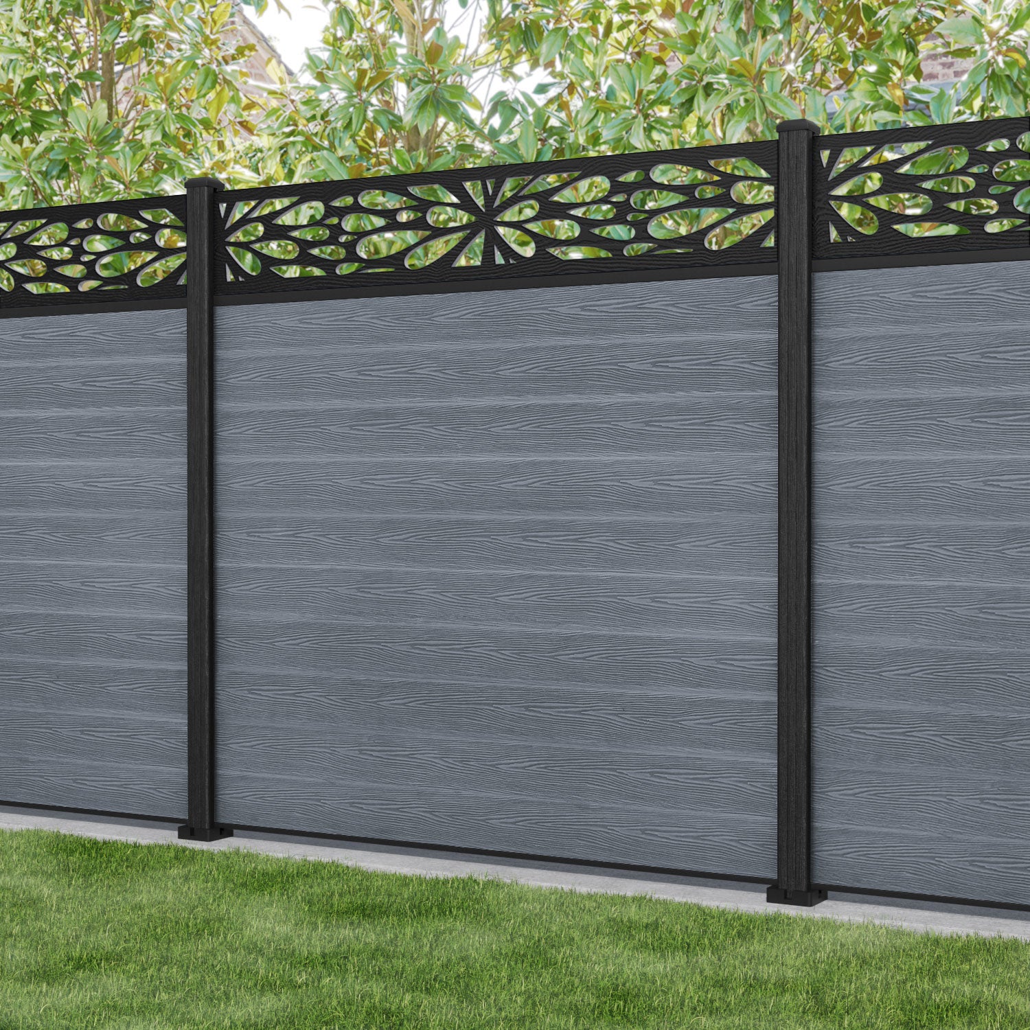 Classic Blossom Fence Panel in Anthracite with Composite Posts - Durable Garden Fencing for Backyard Privacy and Decoration