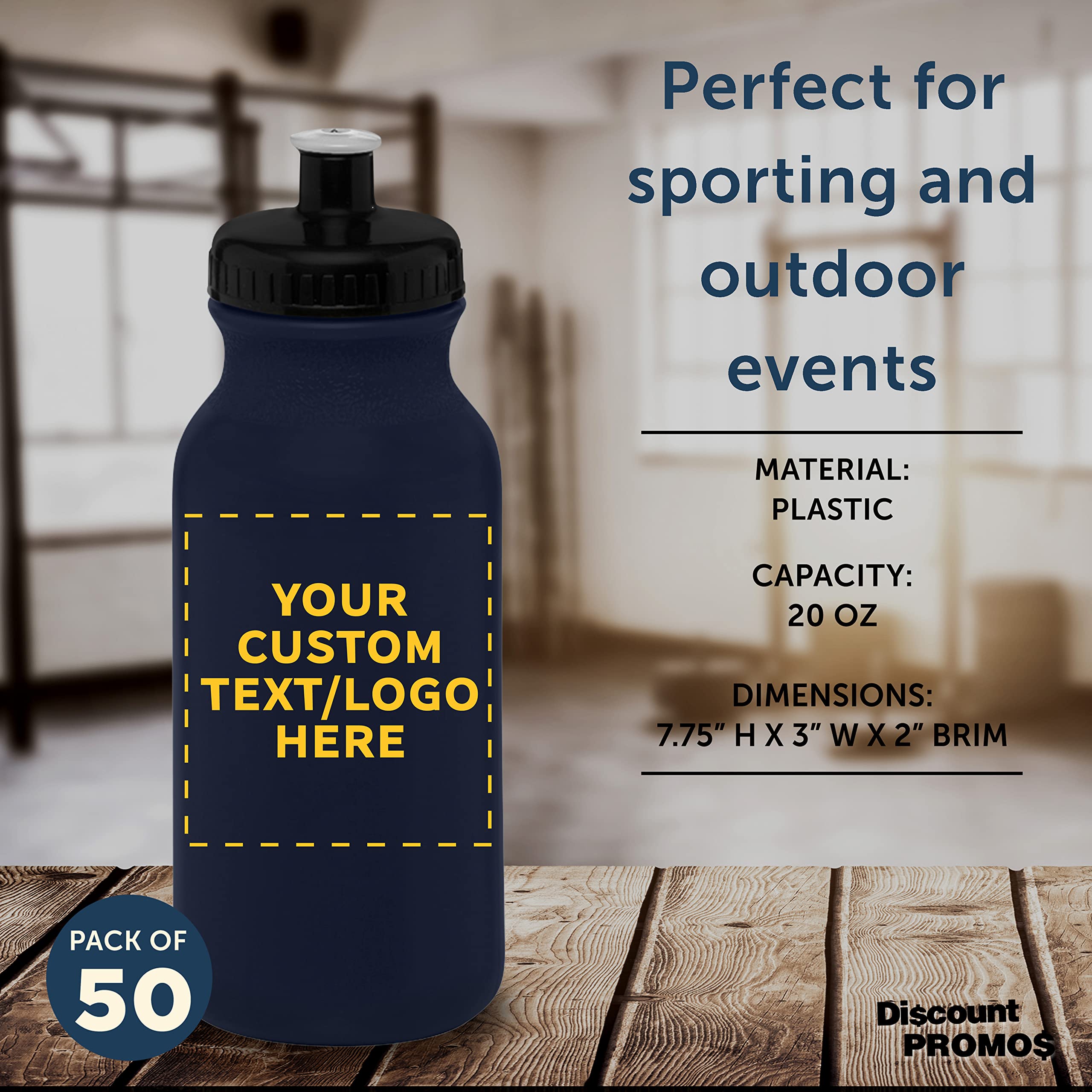 Custom 20 oz. Water Bottles with Push Cap - Bulk Pack of 50 Personalized Navy Blue Sports Bottles | Ideal for Gym, Hiking, Camping & Outdoor Activities | Reusable Hydration for Fitness, Travel & Sports Teams