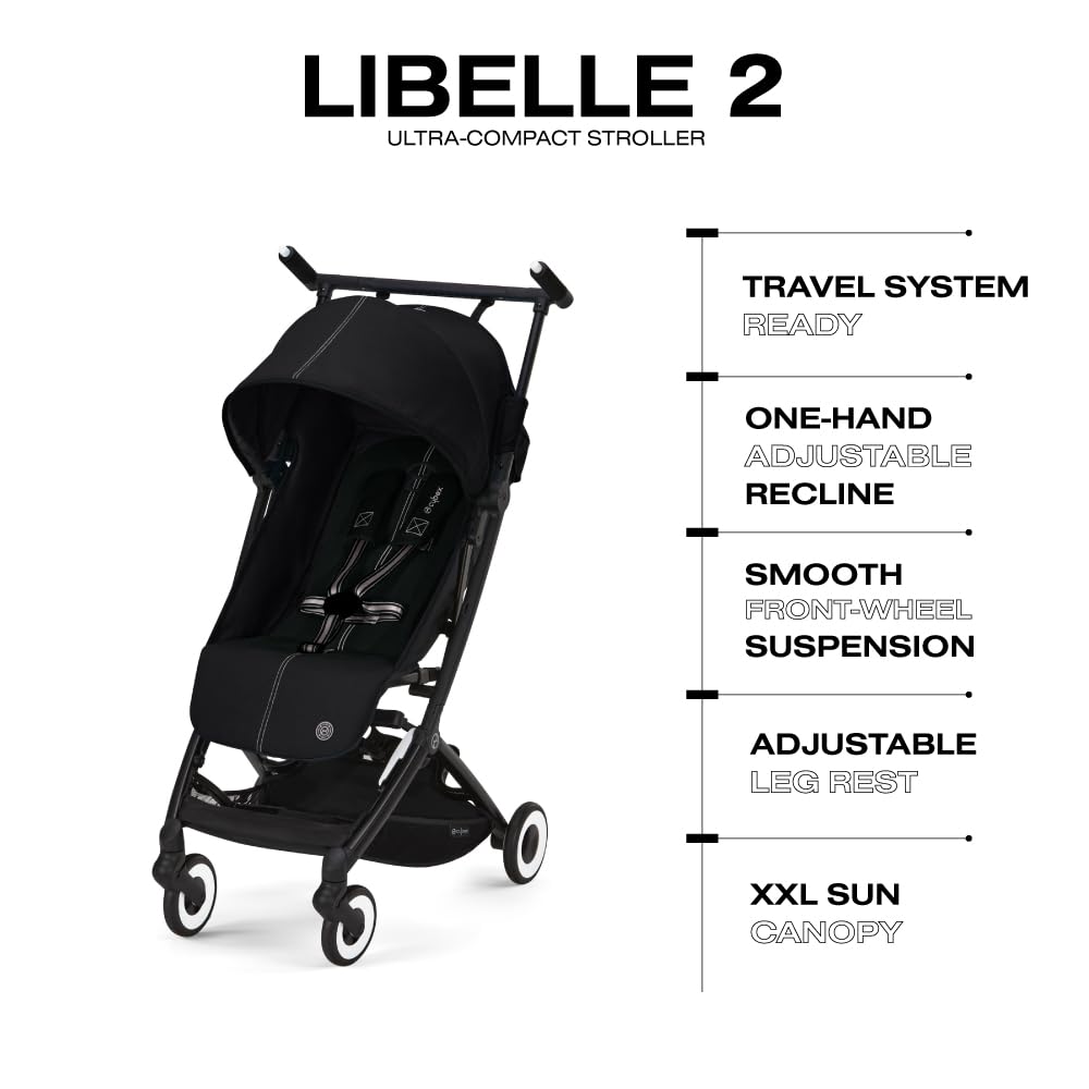 Cybex Libelle Lightweight Compact Travel Baby Stroller - FAA Approved Carry-On Foldable Design, One-Hand Recline | Compatible with CYBEX Car Seats (Moon Black) | Perfect for Air Travel, City Walks & Daily Errands
