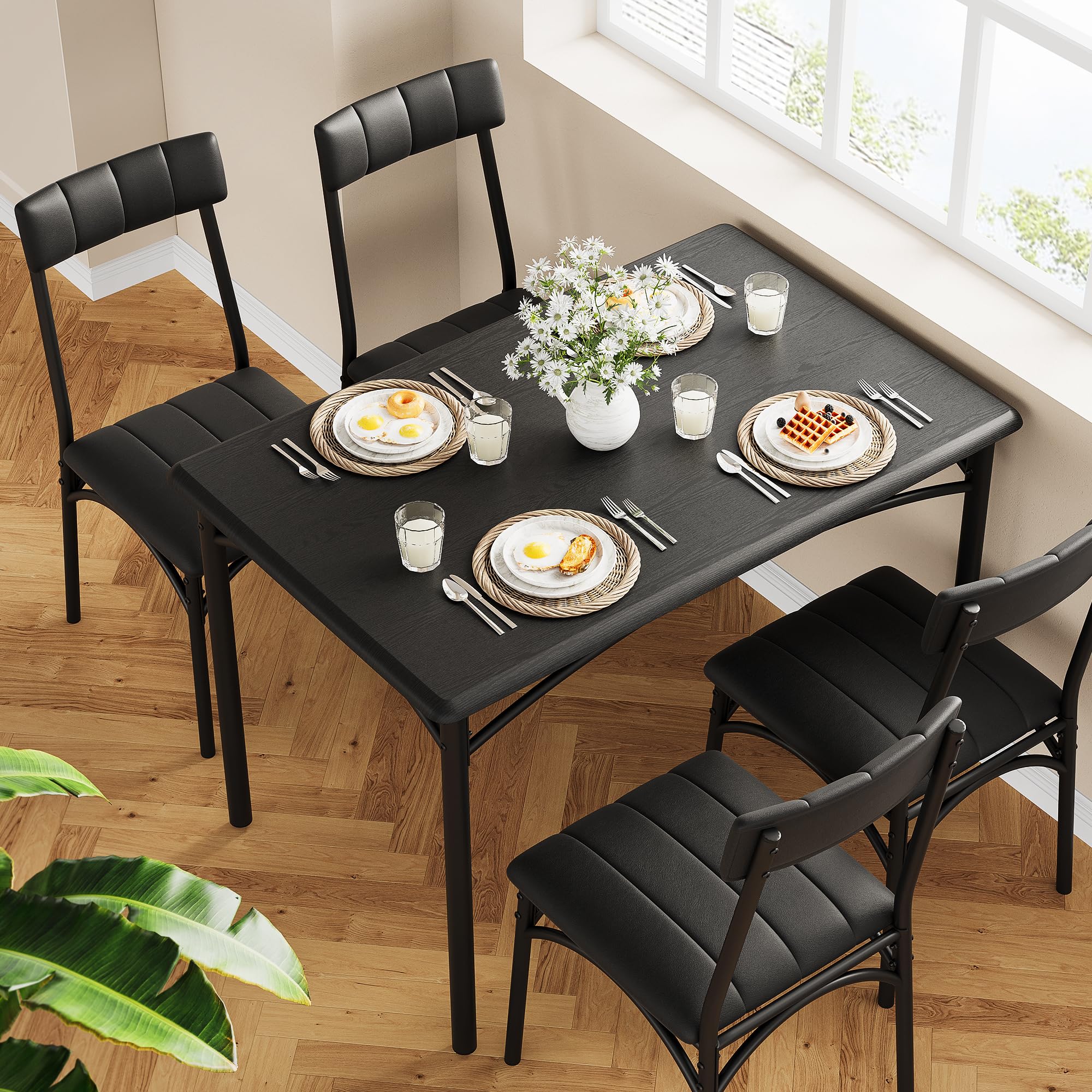 4-Piece Rectangular Dining Table Set with Upholstered Chairs - Rustic Black Kitchen Table for Small Spaces | Perfect for Breakfast Nook, Apartment Dining & Cozy Family Meals