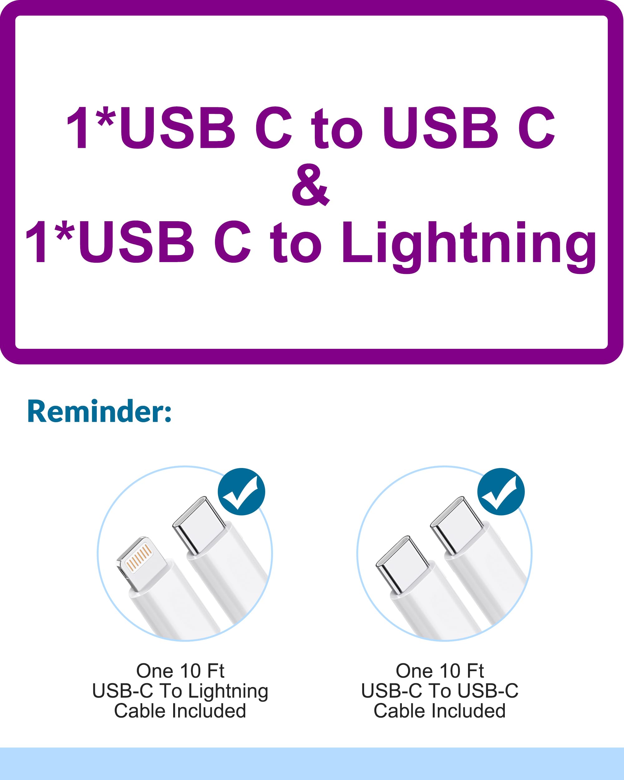 Fast Charging Kit for iPhone 16/15/14/13/12/11 - 20W USB C Wall Charger Block & 2-Pack 10FT USB C to C + Lightning Cables | Compatible with iPhone 16 Pro Max/Plus, iPad | Perfect for Home, Office & Travel Charging